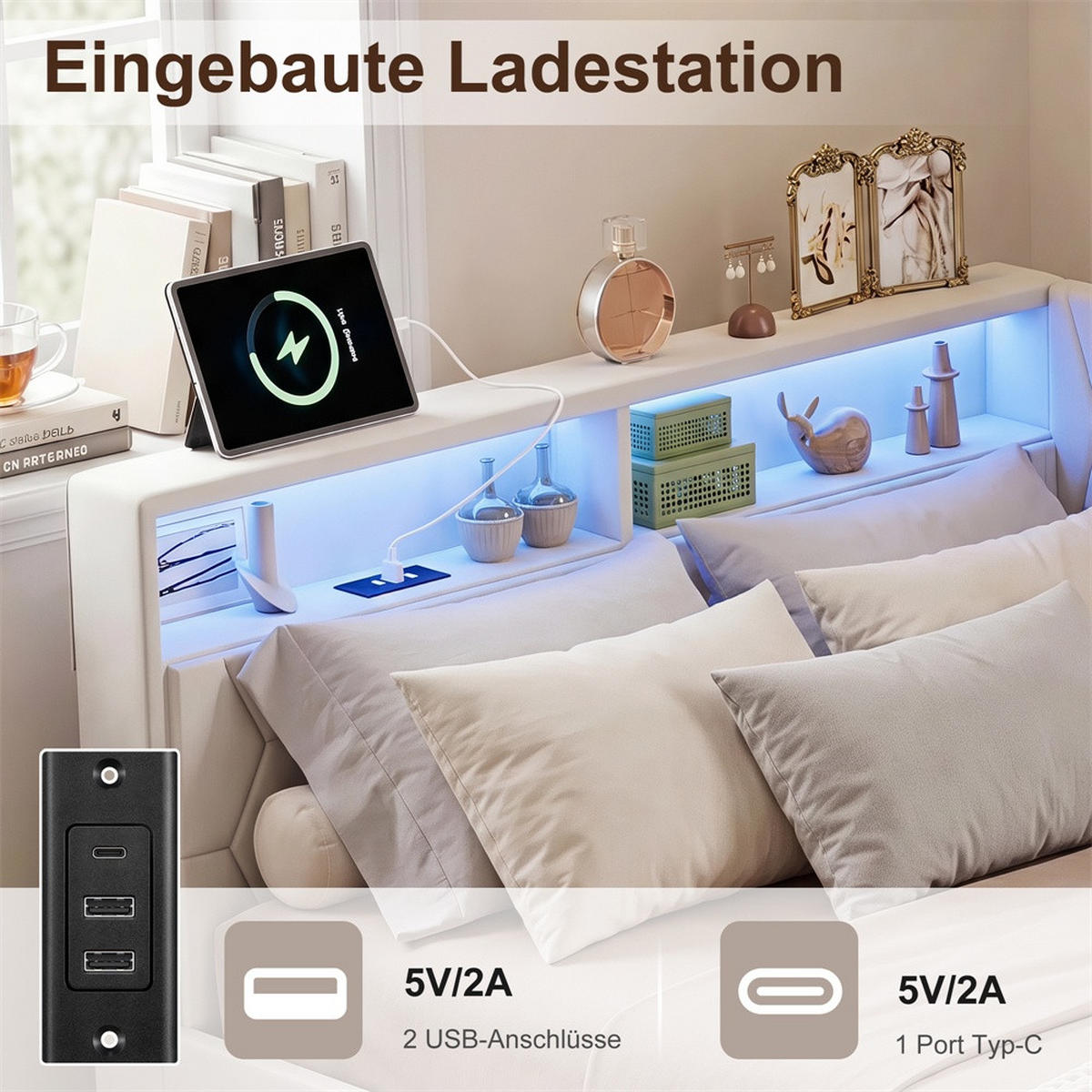 POLSTERBETT 90x200 cm mit Kopfteil-Stauraum - 2 Schubladen - USB Type-C & LED - ohne Matratze - Beige - Beige, Textil (90/200cm) - DELFA