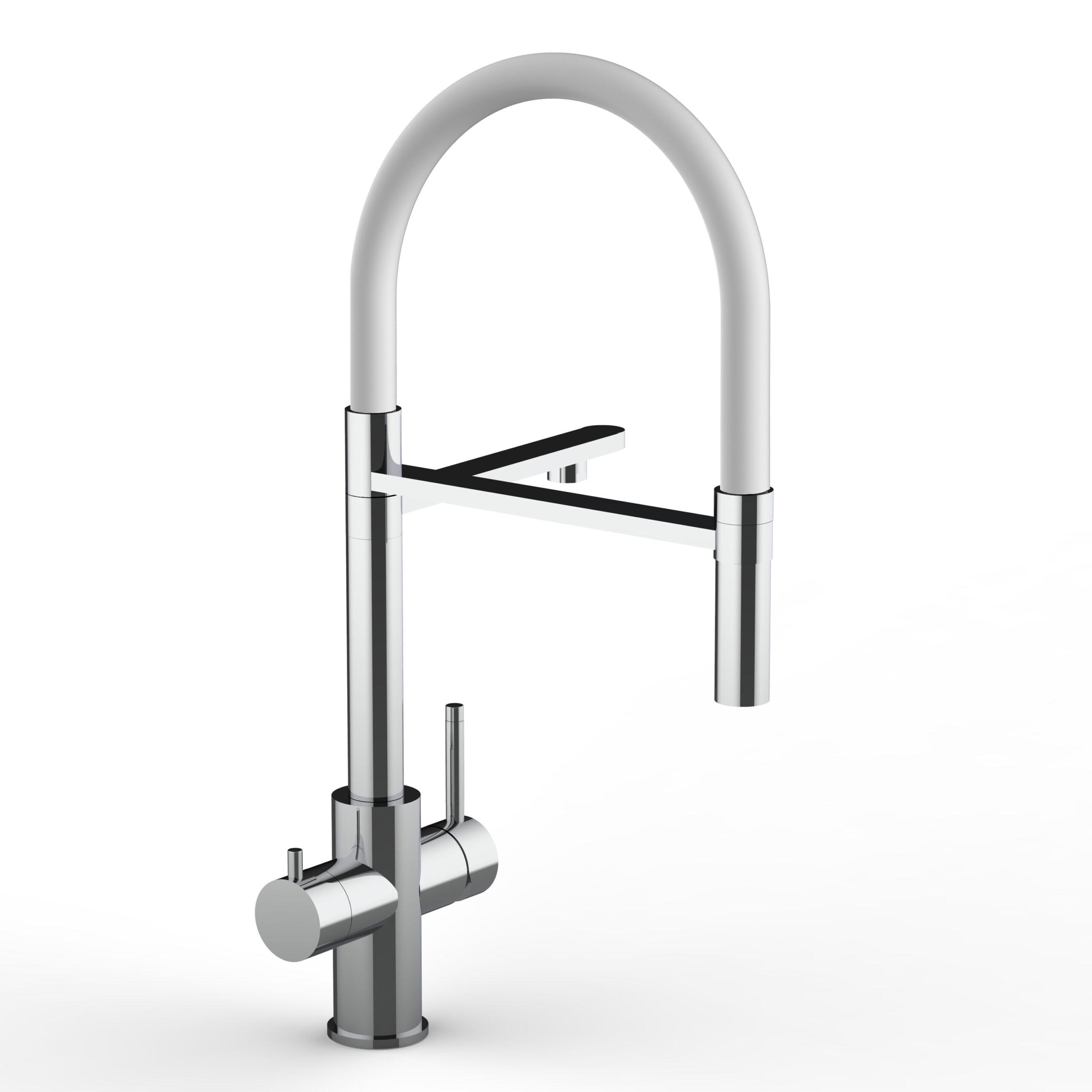 5-WEGE-KÜCHENARMATUR, Edelstahl Massiv aus Chirurgenstahl, Hochglanz und Weiß, 2-Strahl-Brause - Weiß, Metall (24/52.5/24cm) - VIZIO