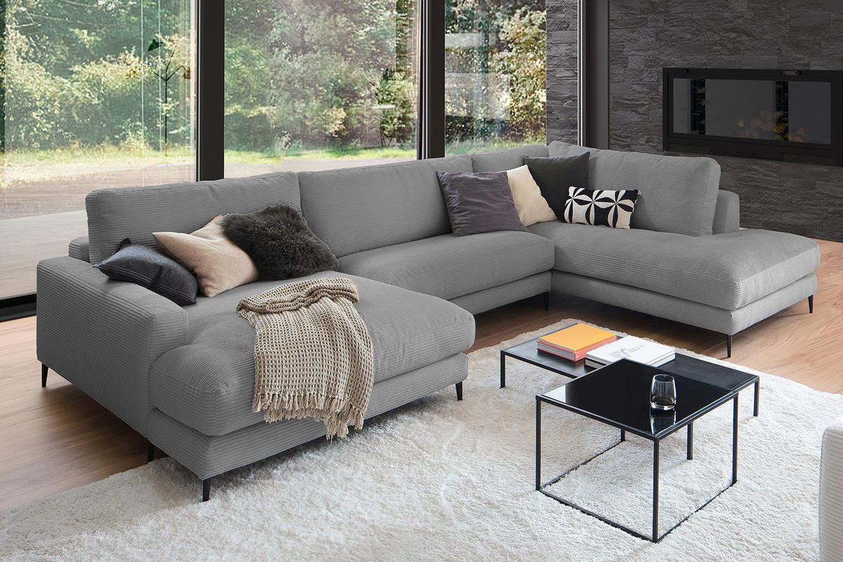WOHNLANDSCHAFT CARA Grau Cord - Schwarz/Grau, Textil (341/84/223cm) - KAWOLA