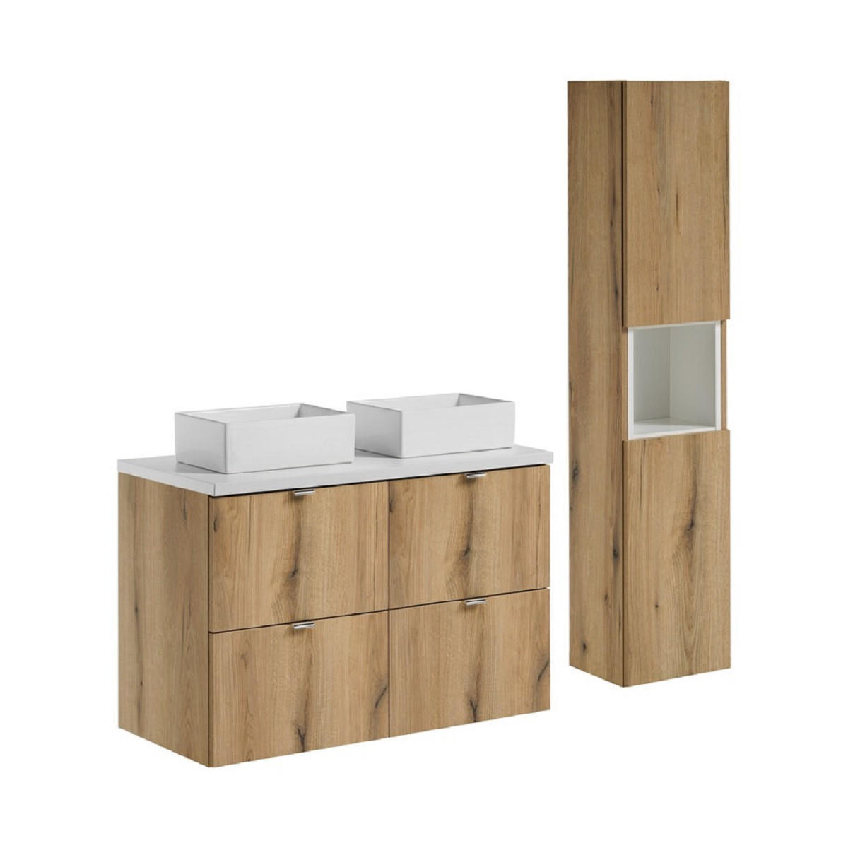 BADMÖBEL-SET 7 Teile - Nova Oak N BM97 in Coast Evoke Oak / Weiß - Silberfarben/Eiche Wotan, Holz/Metall (100/140/40cm)