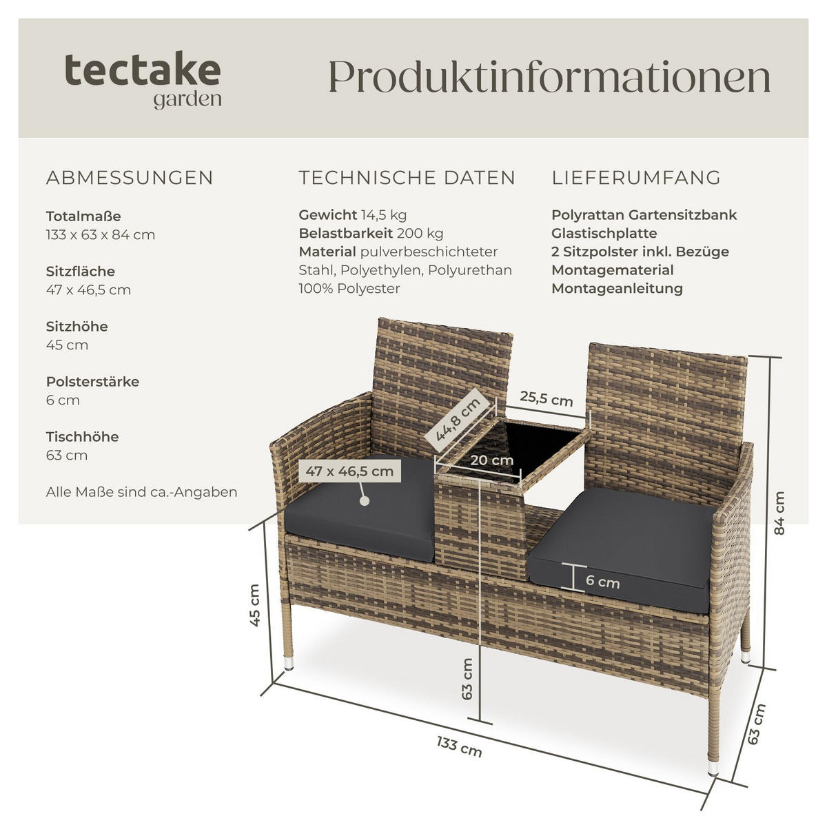 RATTAN GARTENSITZBANK Narbonne, 6 cm Sitzpolster, natur/dunkelgrau - Naturfarben, Kunststoff (61/82/131cm) - tectake