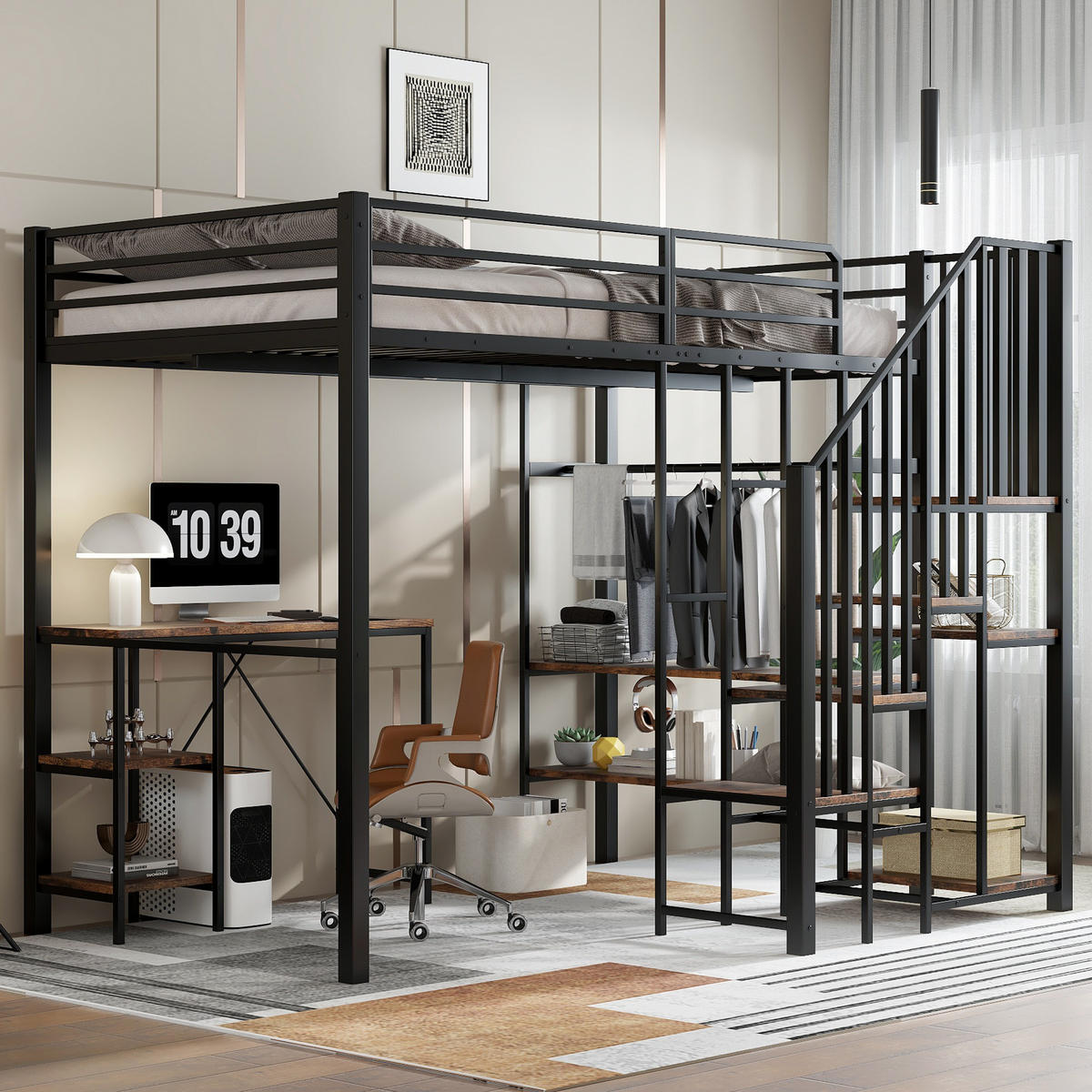 ETAGENBETT 120/200 cm Schwarz mit Eckleiterschrank und Tisch aus Eisen und MDF - Schwarz, Holzwerkstoff (120/200cm) - OKWISH