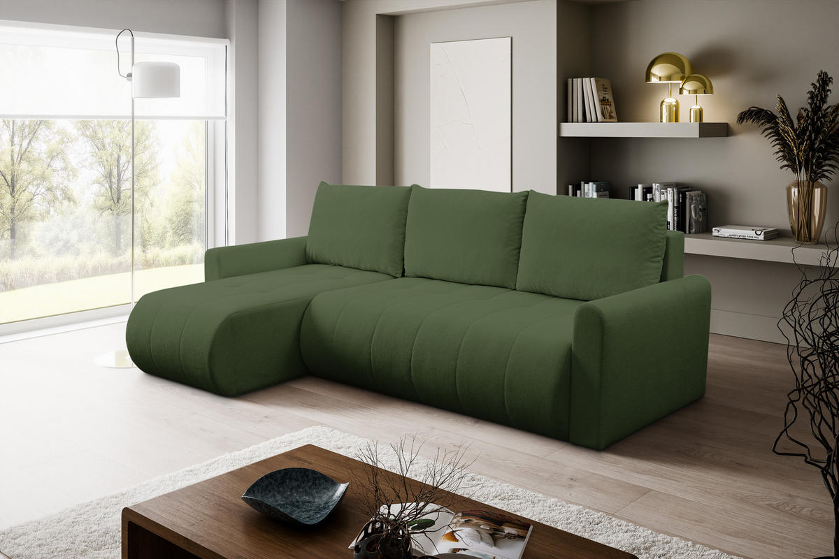 ECKSOFA Primo mit Schlaffunktion und Bettkasten in Cordstoff - Schwarz/Grün, Holz/Holzwerkstoff (245/143cm) - Ravio