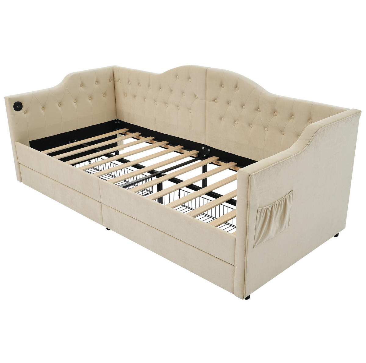 POLSTERBETT aus Samt 90x200 cm in Beige mit USB, Type-C & 2 Schubladen - Beige, Textil (90/200cm) - Modfu