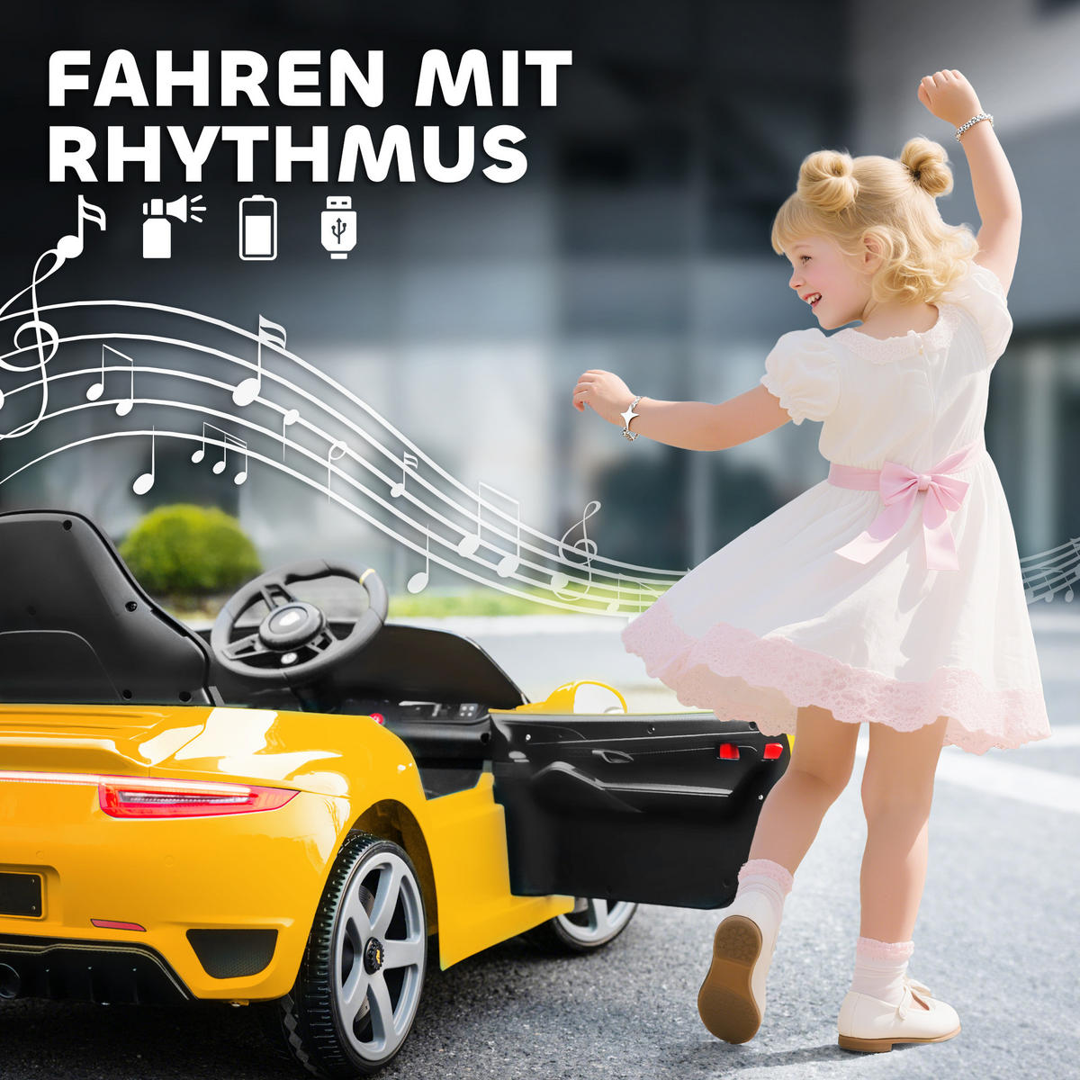 KINDER-ELEKTROAUTO 12V mit 2,4 GHz Fernbedienung, Softstart, Federungssystem - Gelb, Kunststoff (108/65.5/47cm) - AIYAPLAY