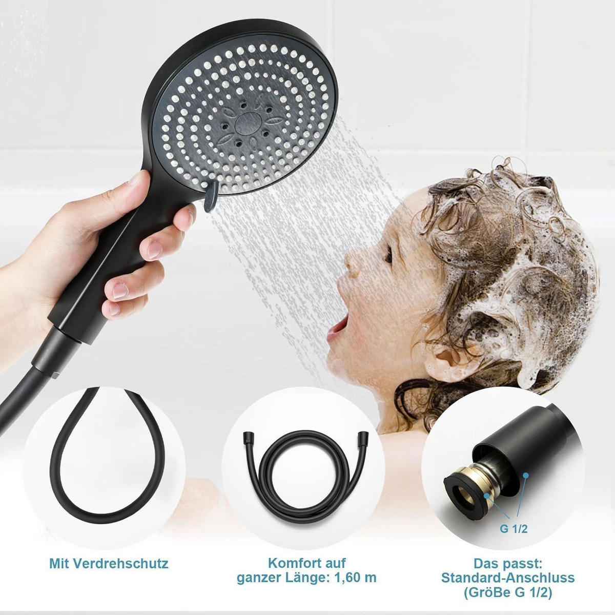 HANDBRAUSE Set Schwarz 1,6m Schlauch 6 Strahlarten - Schwarz, Kunststoff (5.5/12.7/23cm)