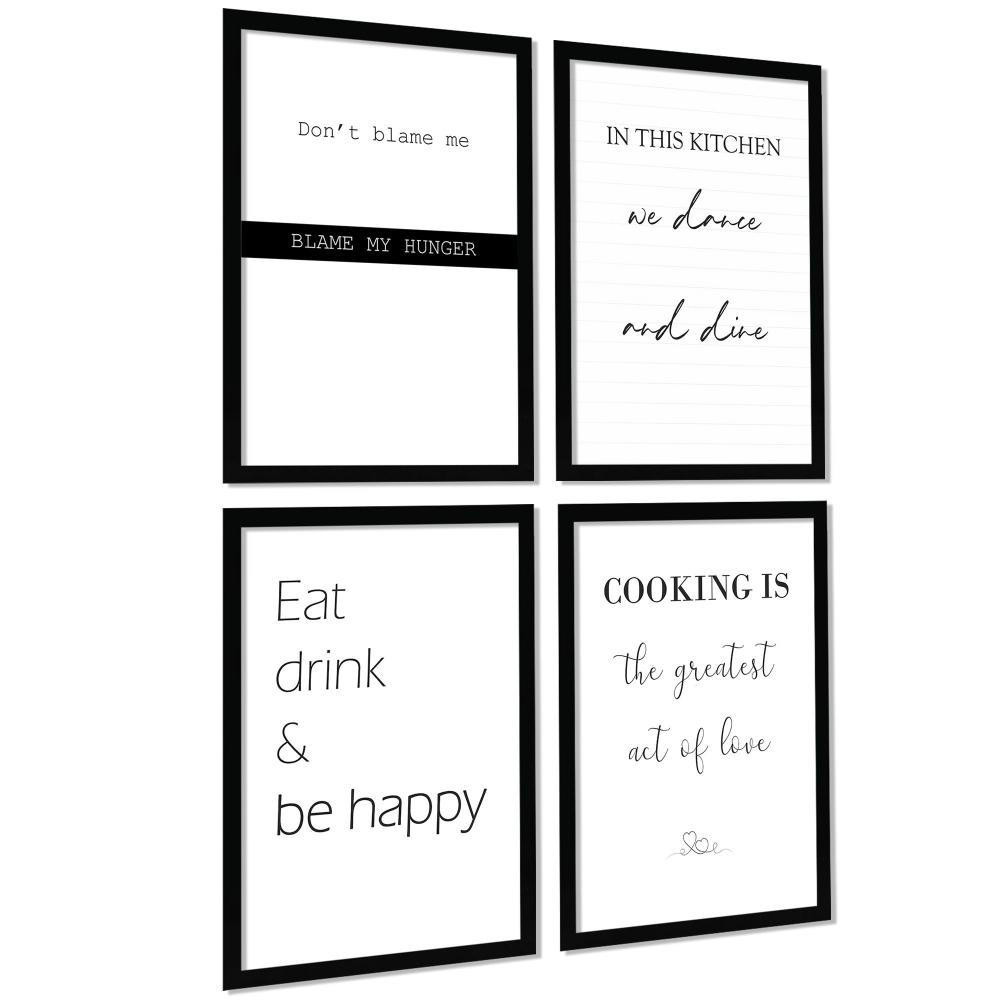 POSTER Set mit 4 Küchenzitate, Nachrichten A4 Schwarzer Rahmen - Schwarz, Papier (29.7/3cm) - Nacnic