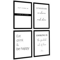 POSTER Set mit 4 Küchenzitate, Nachrichten A4 Schwarzer Rahmen - Schwarz, Papier (29.7/3cm) - Nacnic