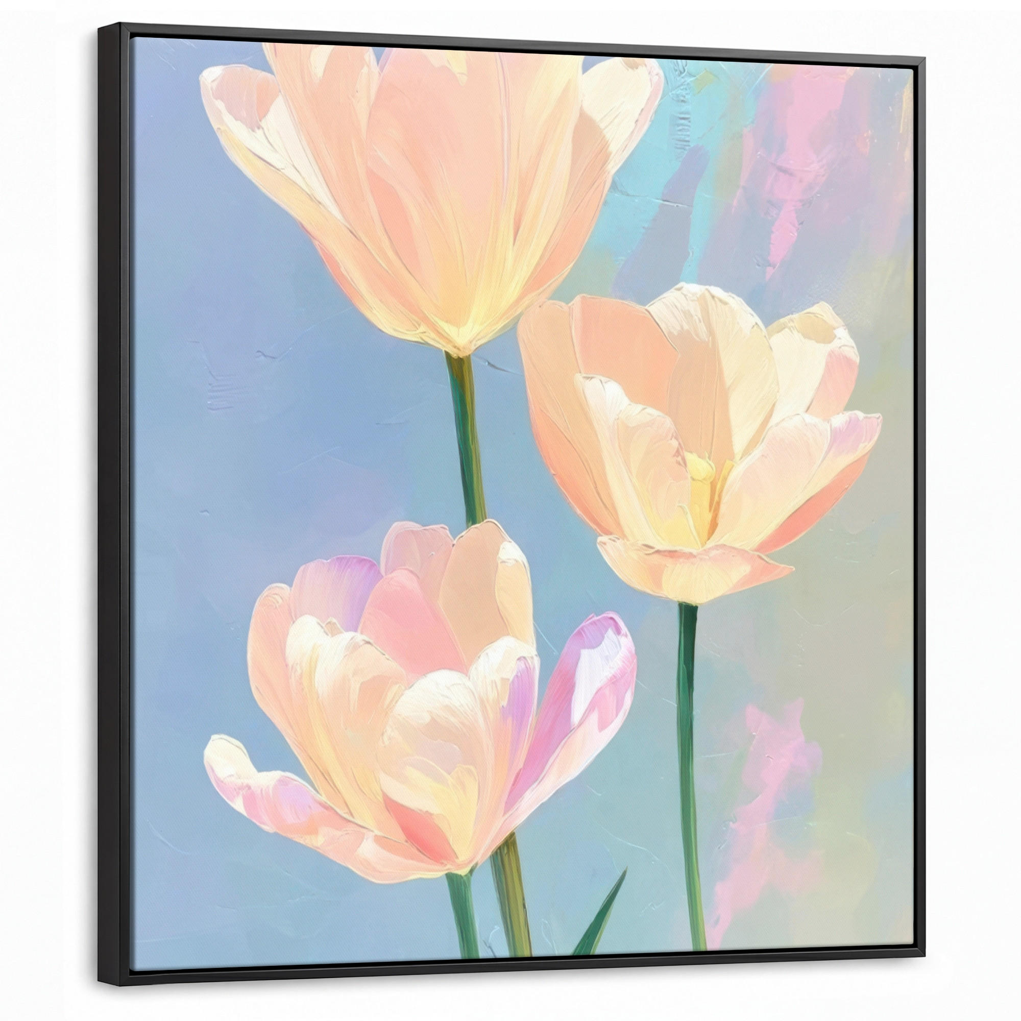 LEINWAND Bilder mit Rahmen - Tulpen - Rosa Akzente - Blau - 90x90 - Pastellblau, Textil (90/90cm) - MuchoWow