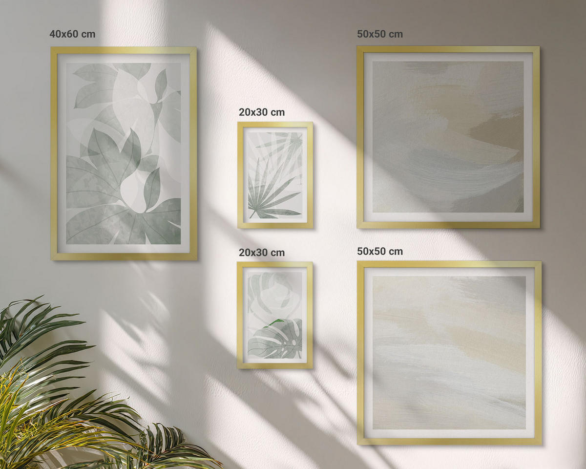 BILDER SET 5er Set - 50x50 cm & 20x30 cm & 40x60 cm Goldrahmen - Die Blätter der Pflanzen sind grünlich-grau. - Goldfarben, Kunststoff (40/60cm) - TULUP