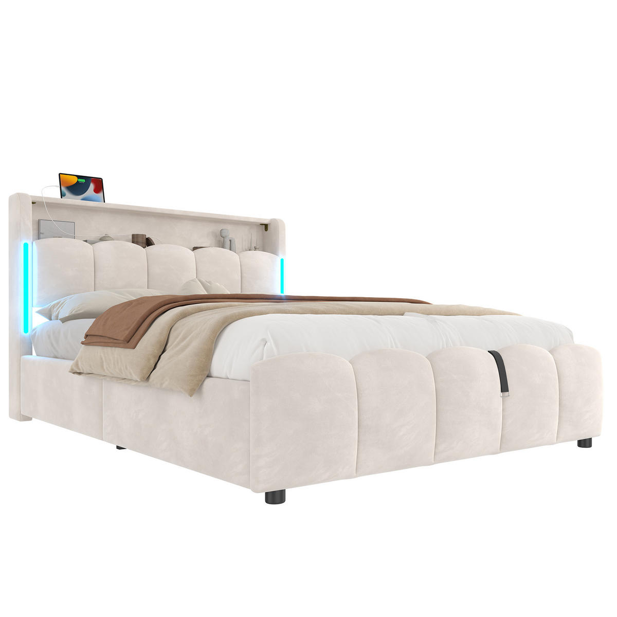 TAPECIRANI krevet od baršuna 140x200 cm bež s LED rasvjetom, USB i Type-C priključcima te hidrauličkim spremištem - bež, tekstil (140/200cm) - Modfu