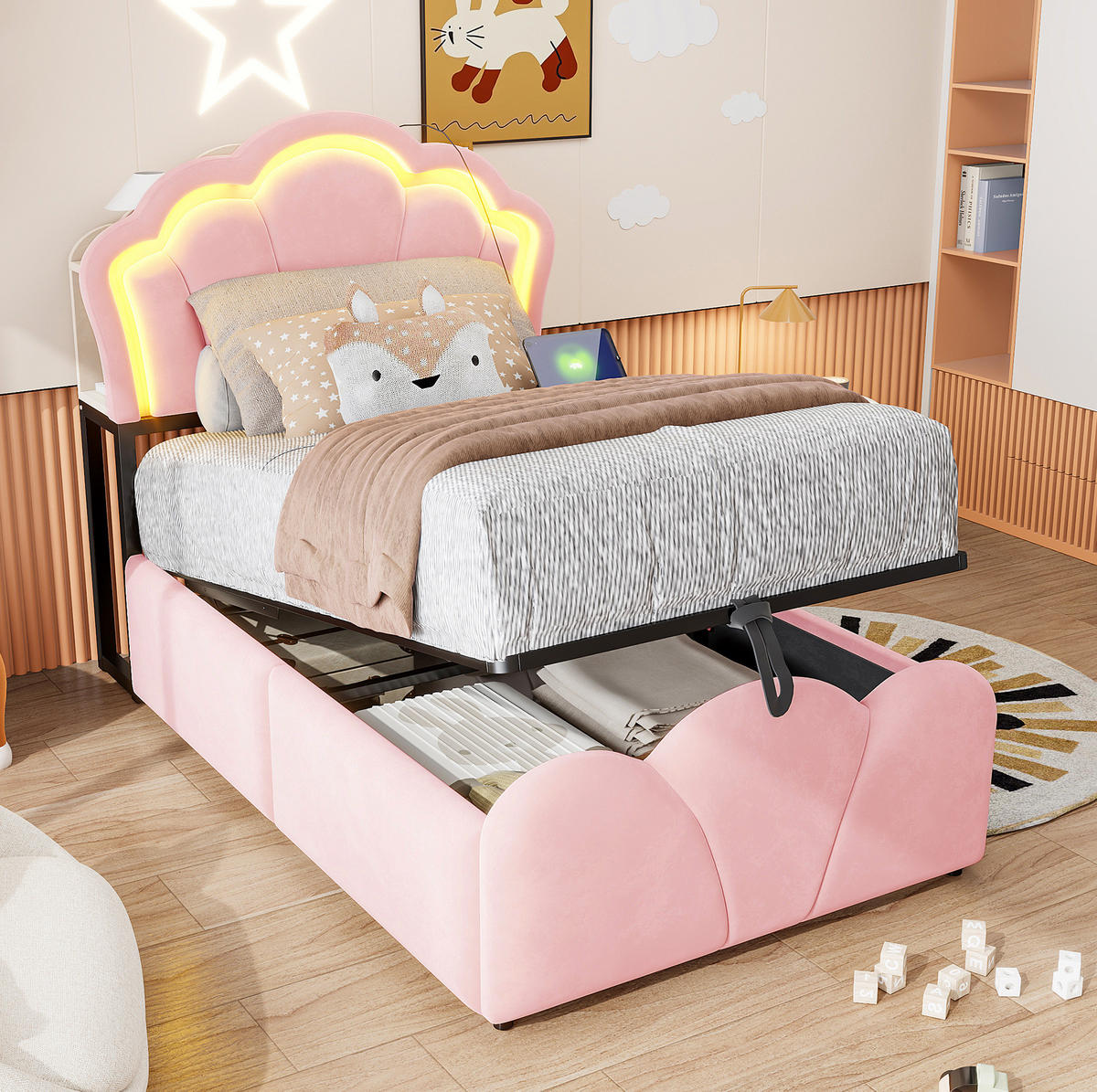 POLSTERBETT 90/200 cm aus Samt mit LED, Stauraum, Steckdosen, Rosa - Pink, Textil (90/200cm) - OKMYHOME