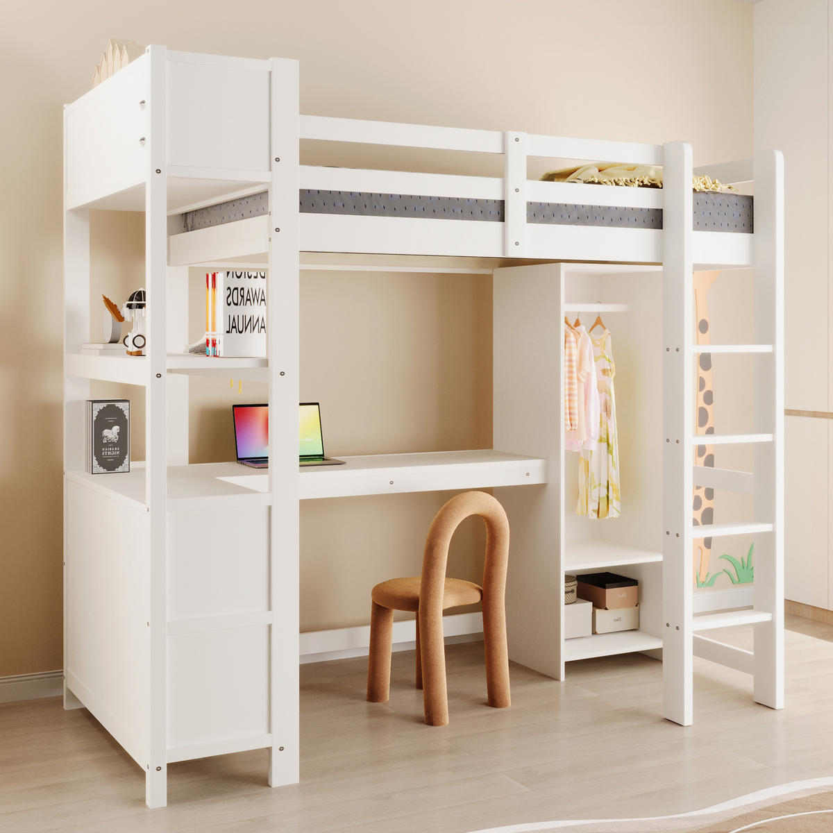 HOCHBETT 90/200 cm in Weiß mit Schreibtisch, Regalen und Kleiderschrank aus Kiefernholz - Weiß, Holz/Holzwerkstoff (90/200cm) - CHICFURN