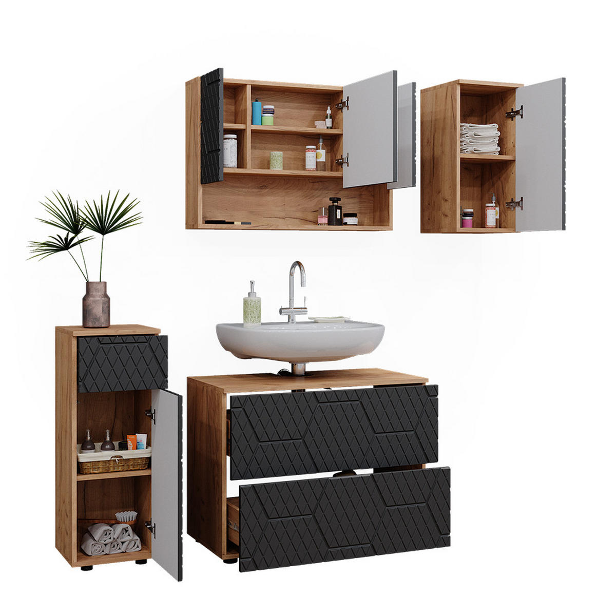BADMÖBEL-SET Irma Anthrazit gestreift 4 Teile - Honigeiche/Anthrazit, Holzwerkstoff (80/58.6/41cm) - Vicco