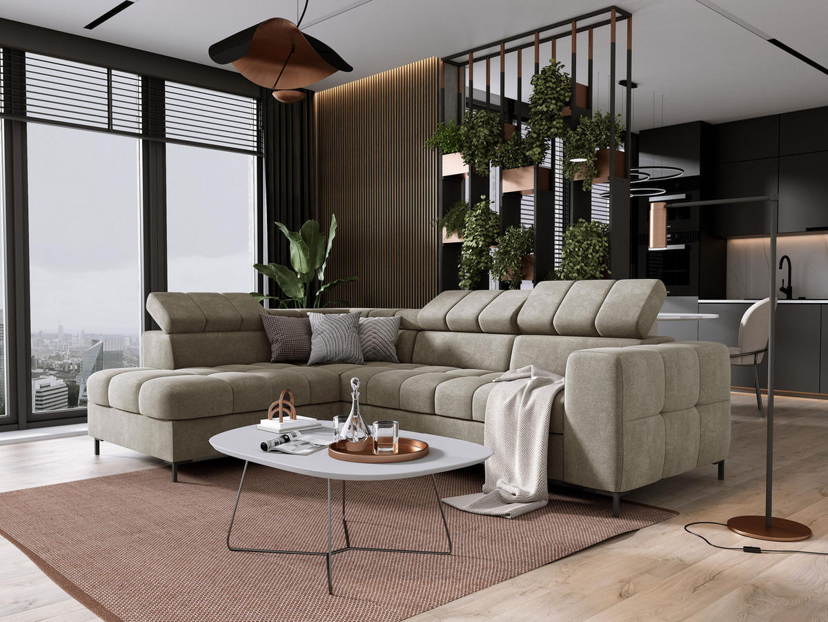 ECKSOFA PABLO VOGUE L-förmig mit Bett Bettkasten verstellbare Kopfstützen weicher Metallfüße freistehend LINKS 201x270x97 cm Beige - Beige, Holz/Textil (201/270cm) - DomoHome