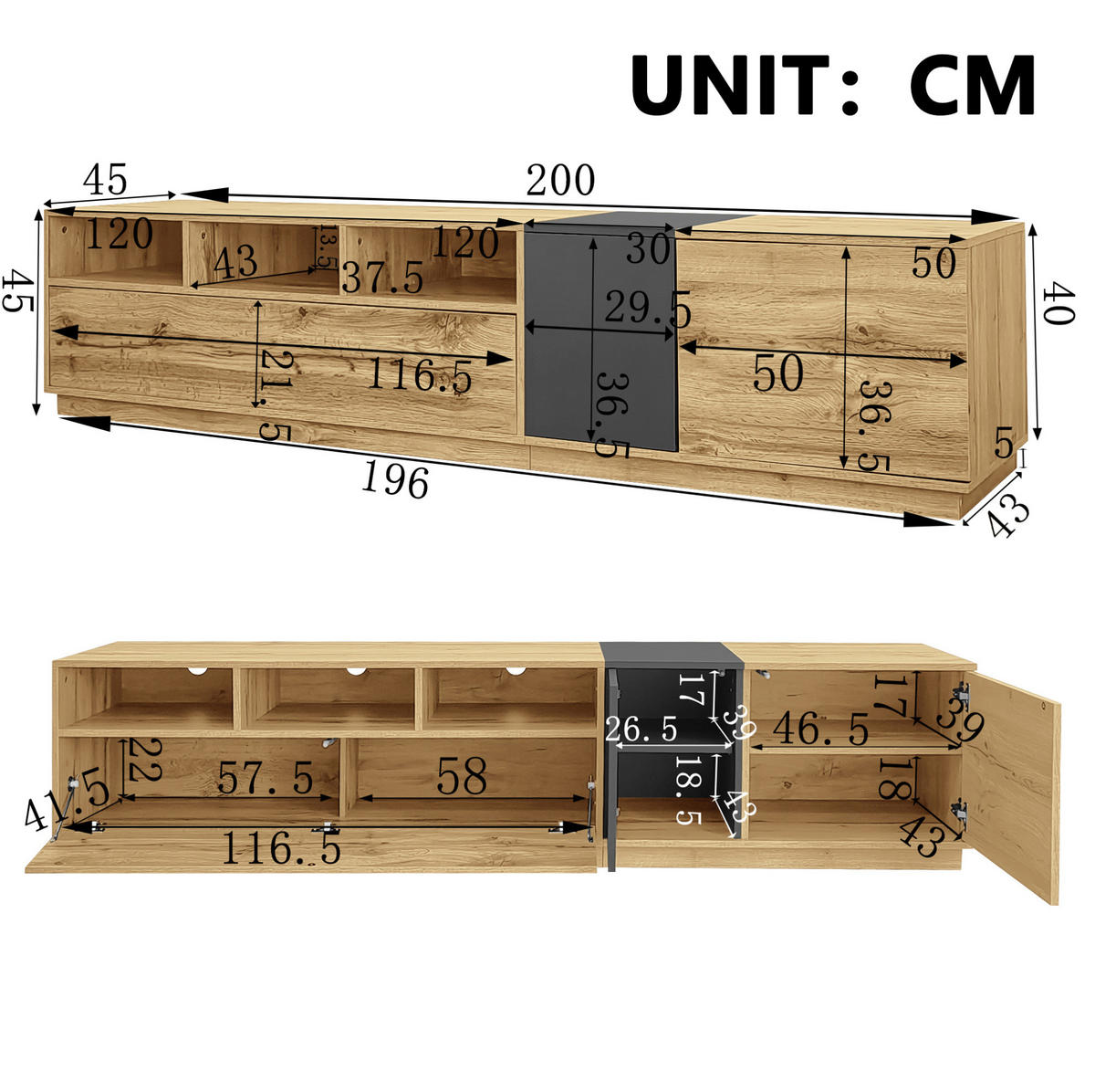 TV-SCHRANK mit offenen Fächern 200 cm Schwarz/Grau Holzoptik - Grau, Holzwerkstoff (45/45/200cm) - Beauniv
