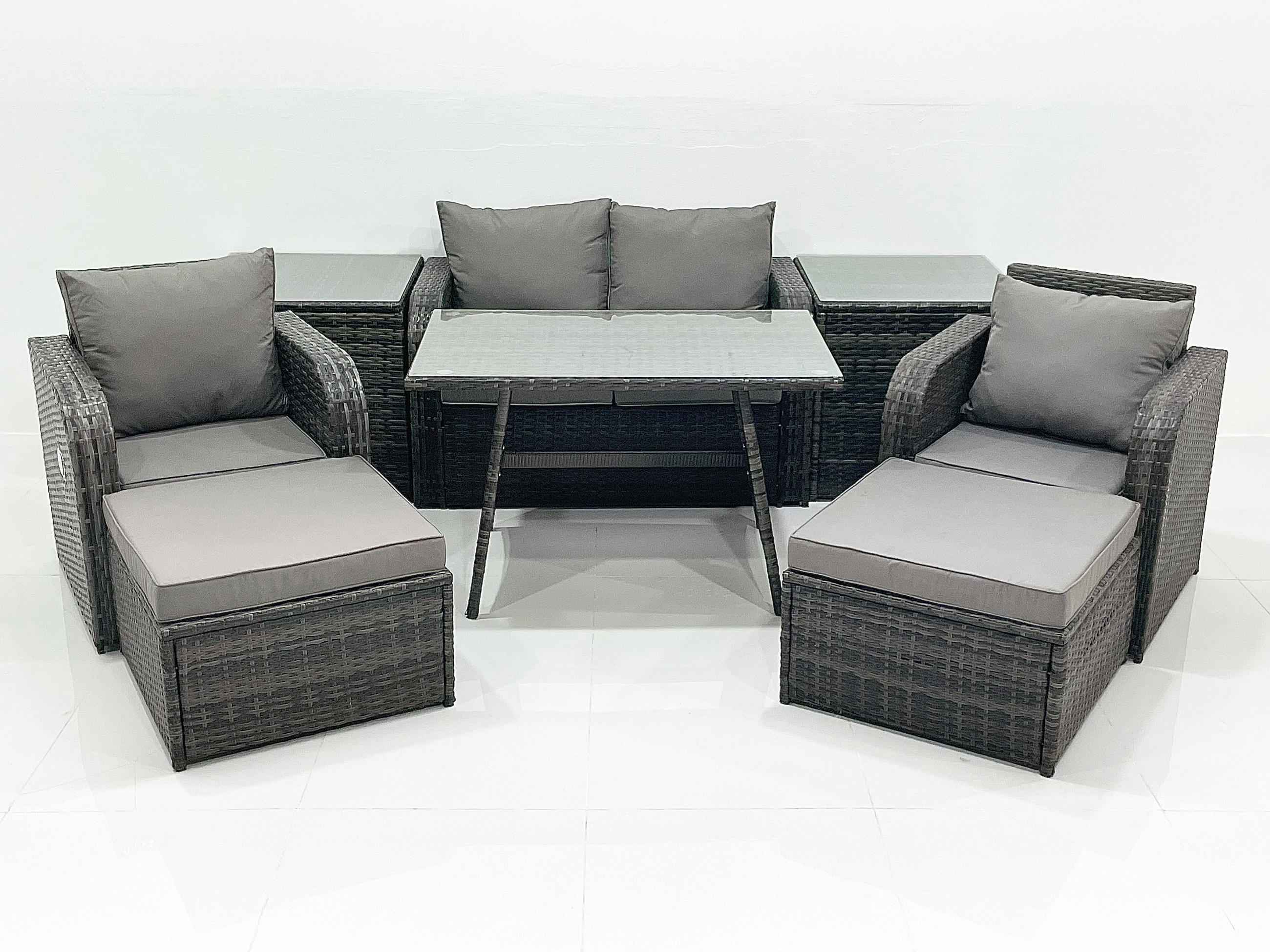 GARTENMÖBEL SET mit COUCHTISCH Polyrattan Dunkelgrau 6-Sitzer - Dunkelgrau/Grau, Glas/Kunststoff - Fimous