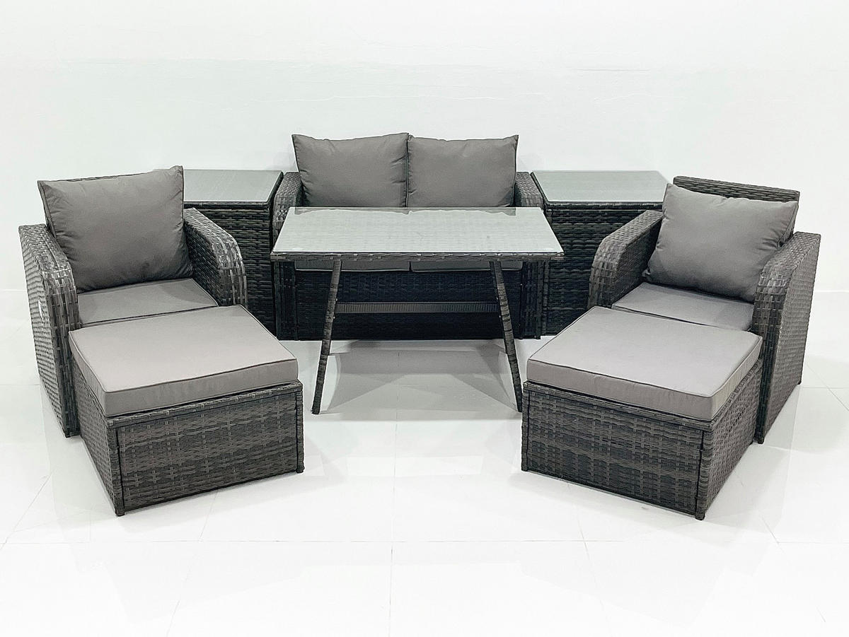 GARTENMÖBEL SET mit COUCHTISCH Polyrattan Dunkelgrau 6-Sitzer - Dunkelgrau/Grau, Glas/Kunststoff - Fimous