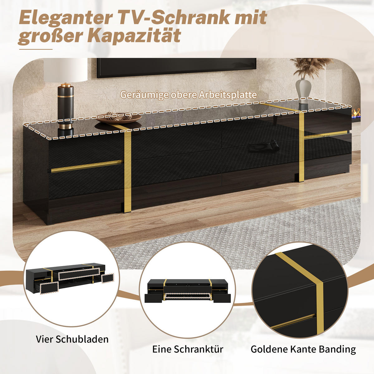 TV stolek z MDF a dřevotřísky 180x40x38 cm černý se 4 zásuvkami a 2 dvířky, vysoký lesk a zlaté detaily - černá, kompozitní dřevo (180/38/40cm) - Modfu