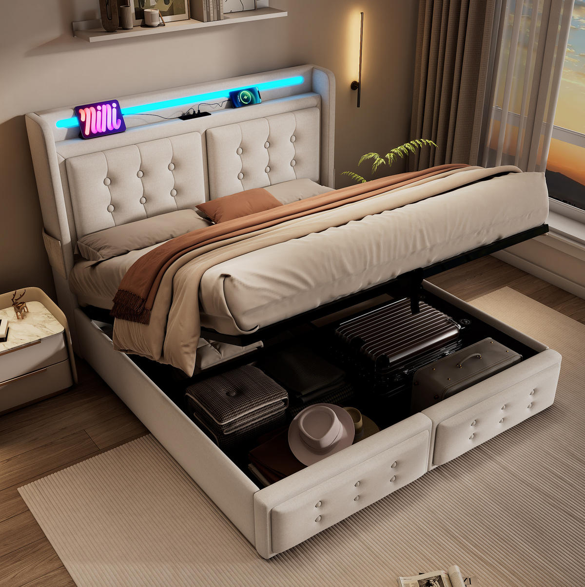 POLSTERBETT mit Stauraum, LED und Ladefunktion 180x200 cm Beige - Beige, Metall (180/200cm) - Meubliv