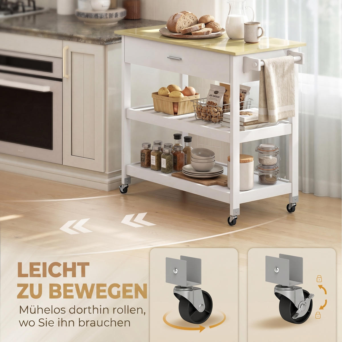 KÜCHENWAGEN, Rollende Kücheninsel mit Arbeitsplatte, großem Stauraum, 2 offenen Regalen, Handtuchhalter, Weiß - Multicolor, Metall (108.8/92.5/51cm) - FORIOUS