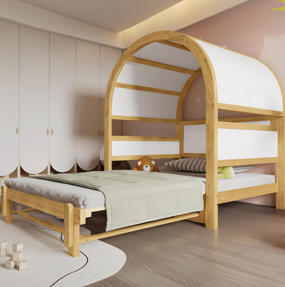 HAUSBETT 140/200 cm in Weiß/Natur mit Ausziehfunktion und seitlicher Ablage - Weiß, Holzwerkstoff (140/200cm) - Flora Grace