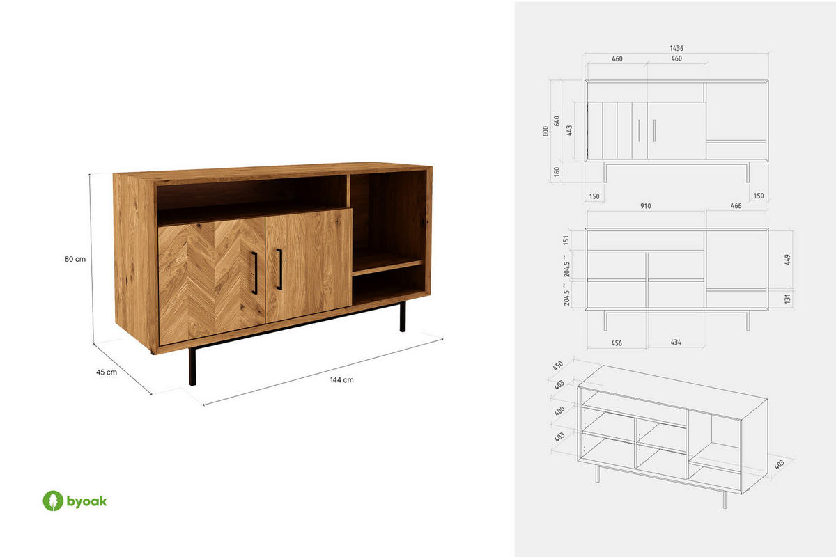 KOMMODE BREIT LEON Kernbuche - Kernbuche, Holz (144/80/45cm) - byoak