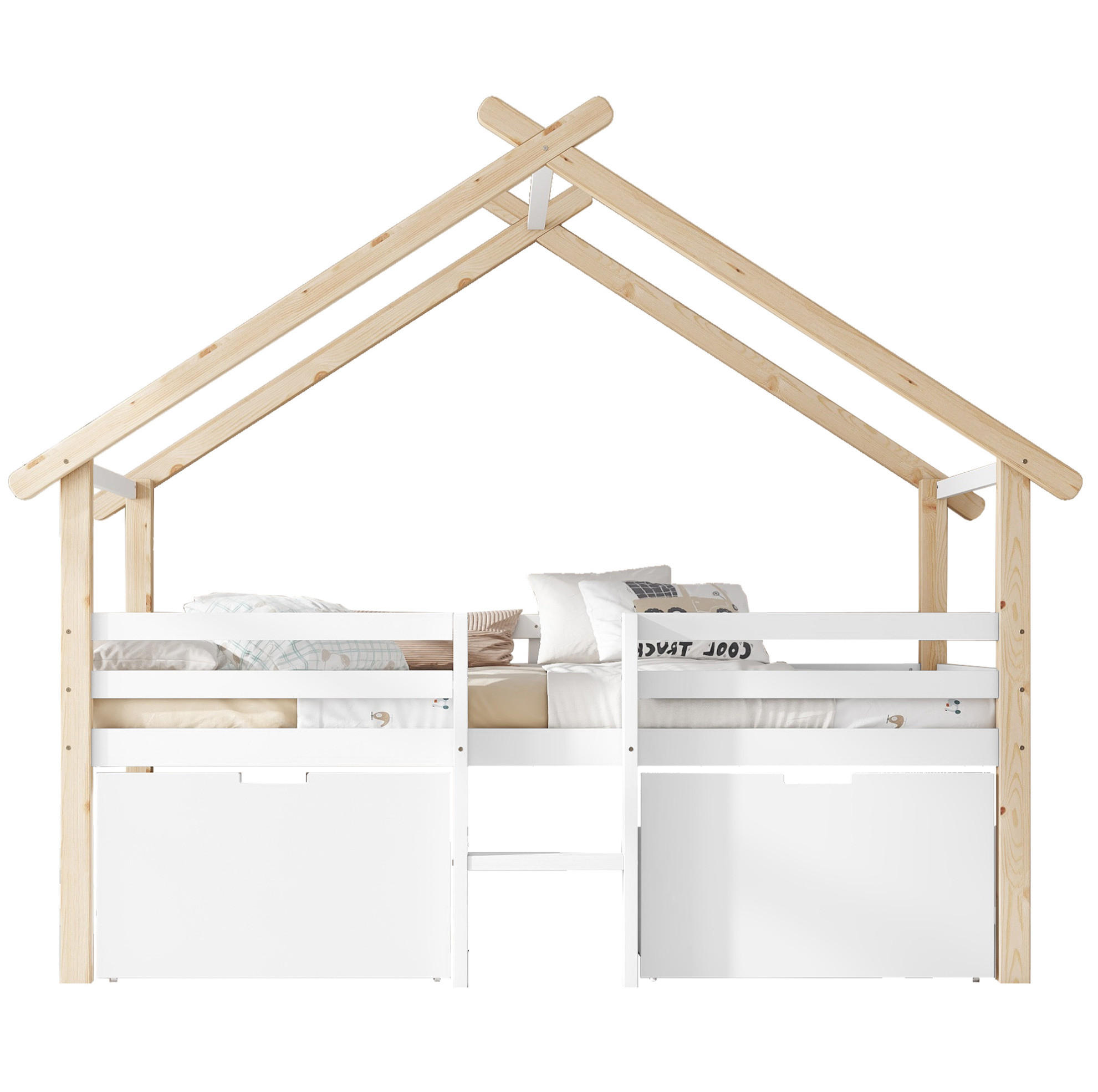 HAUSBETT 90/200 cm in Weiß/Natur – halbhoch mit Dach, Treppe und 2 Schließfächern - Weiß, Holzwerkstoff (90/200cm) - BEAOK