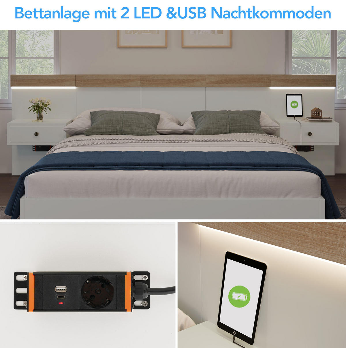 BETT 160/200 cm mit 2 LED-Nachtkommoden, USB/Typ-C und Steckdose, Schwebeoptik, Weiß/Sonoma-Eiche - Weiß, Holzwerkstoff (160/200cm) - Redom