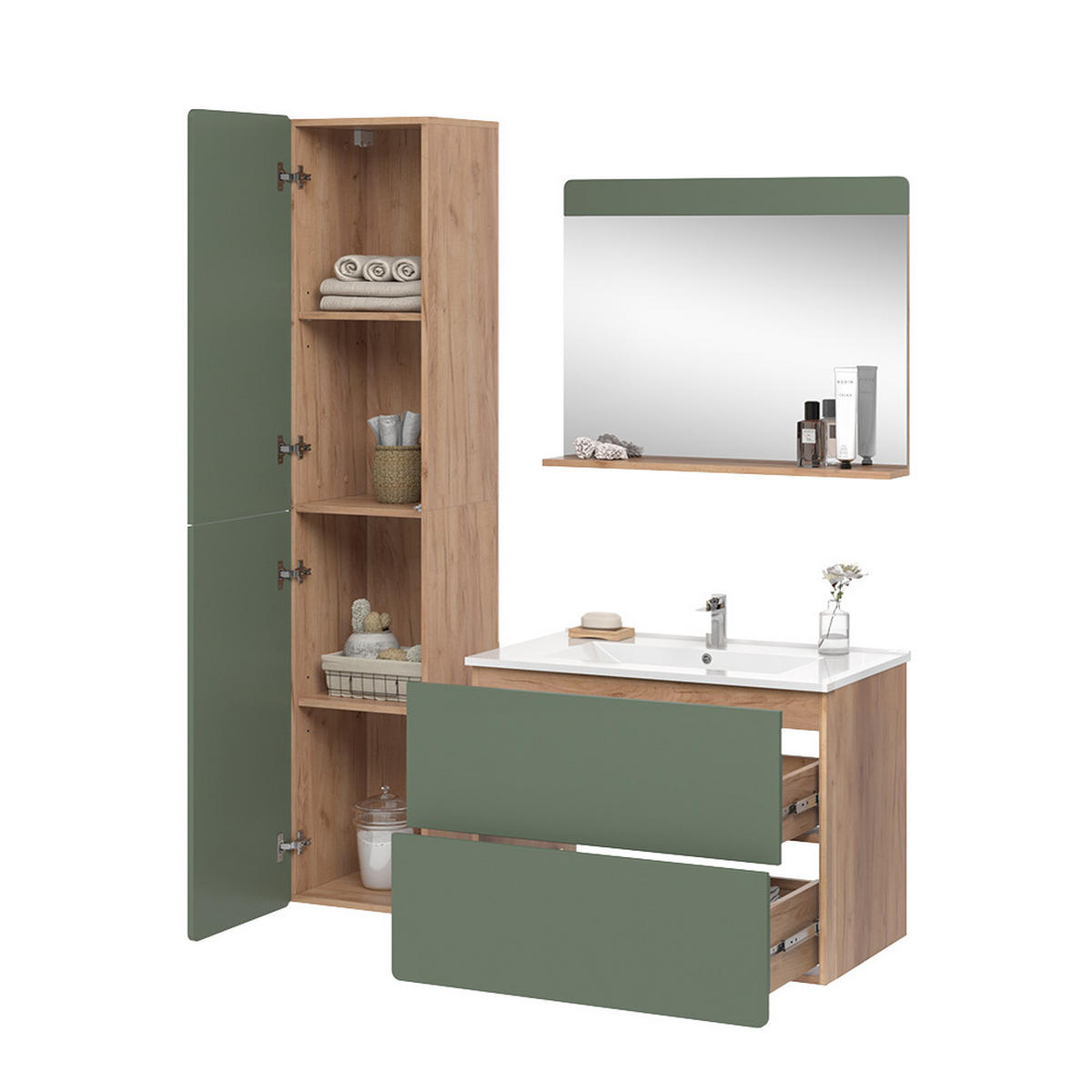 SADA KOUPELNOVÉHO NÁBYTKU Izan Dub Goldkraft/zelená - zelená barva/barva dubu, kompozitní dřevo (80/59.3/46cm) - Vicco