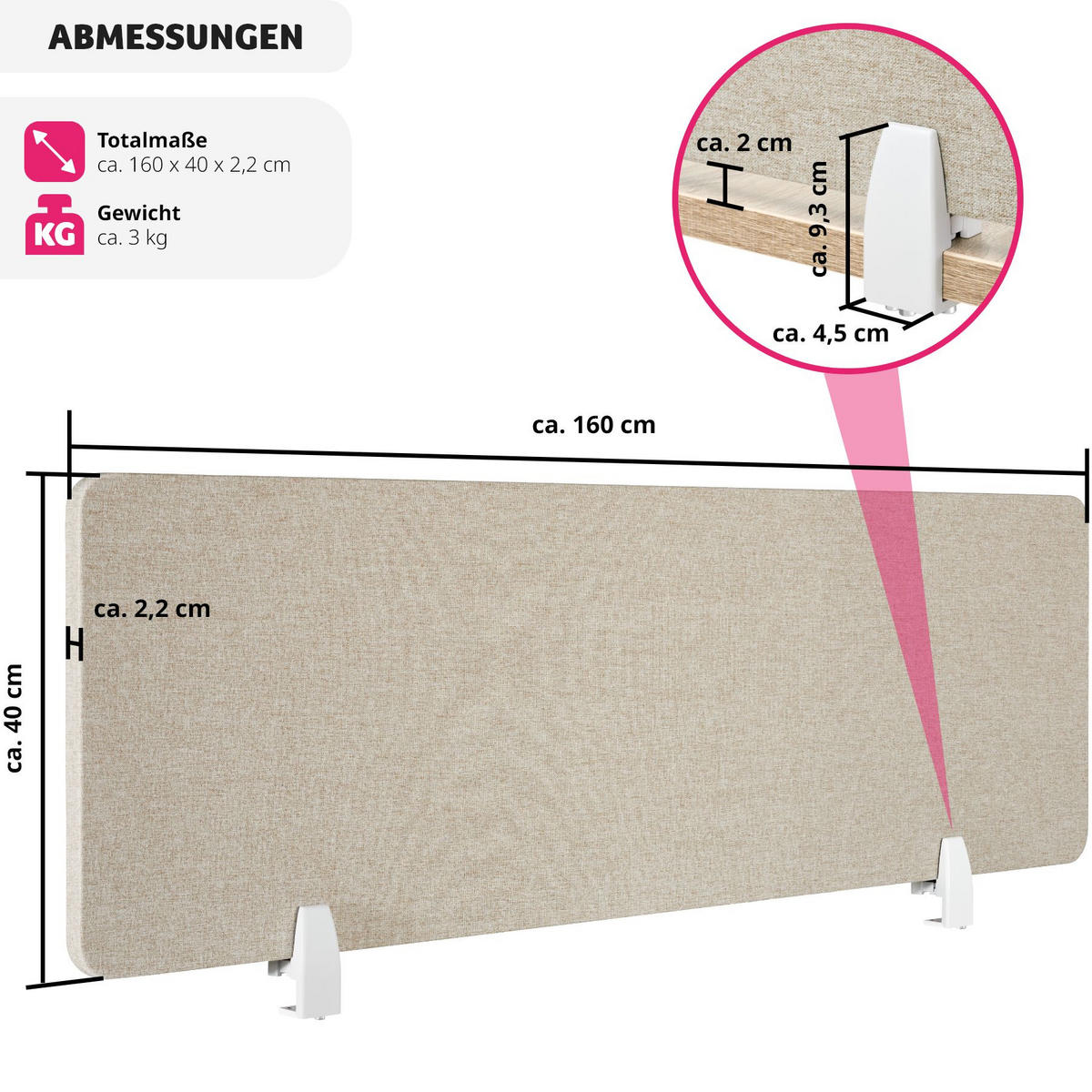 TRENNWAND für Schreibtisch Noisy,inkl. 2 Befestigungsklemmen,beige - Beige, Kunststoff (2.2/160/40cm) - tectake