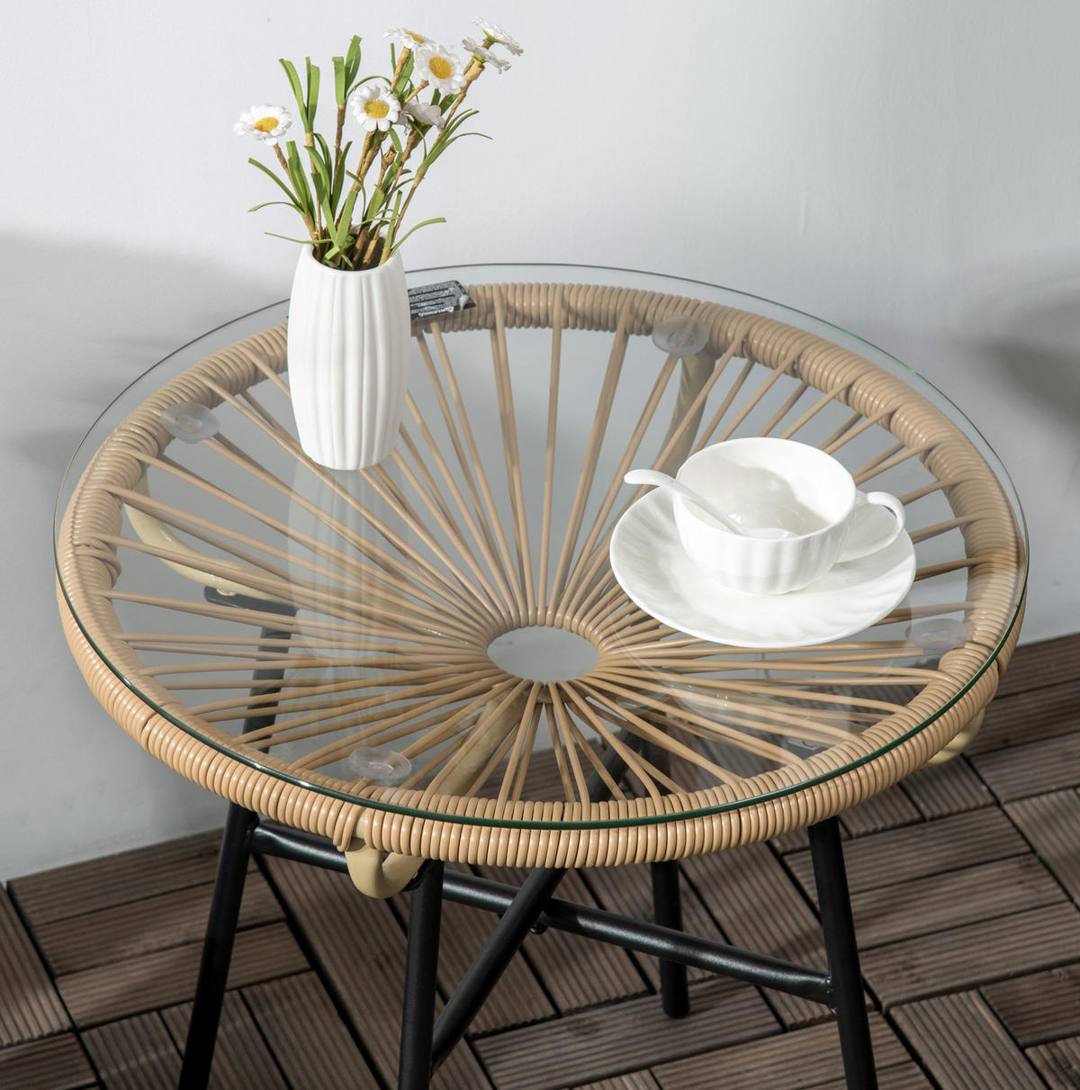 GARTENTISCH aus Rattan 50x50x50 cm Beige mit Glasplatte - Beige, Glas (50/50/50cm) - Modfu