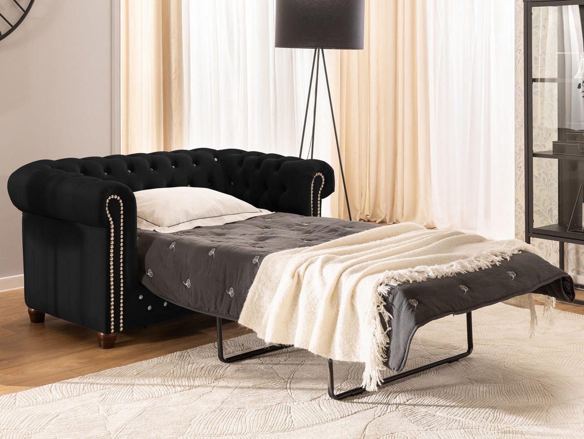 CHESTERFIELD-SOFA 2-Sitzer mit Schlaffunktion Cleo Blink Schwarz Samt mit Kristallsteppung und braunen Massivholzfüßen - Schwarz/Braun, Holz/Textil (148/72/86cm) - S-Style Möbel