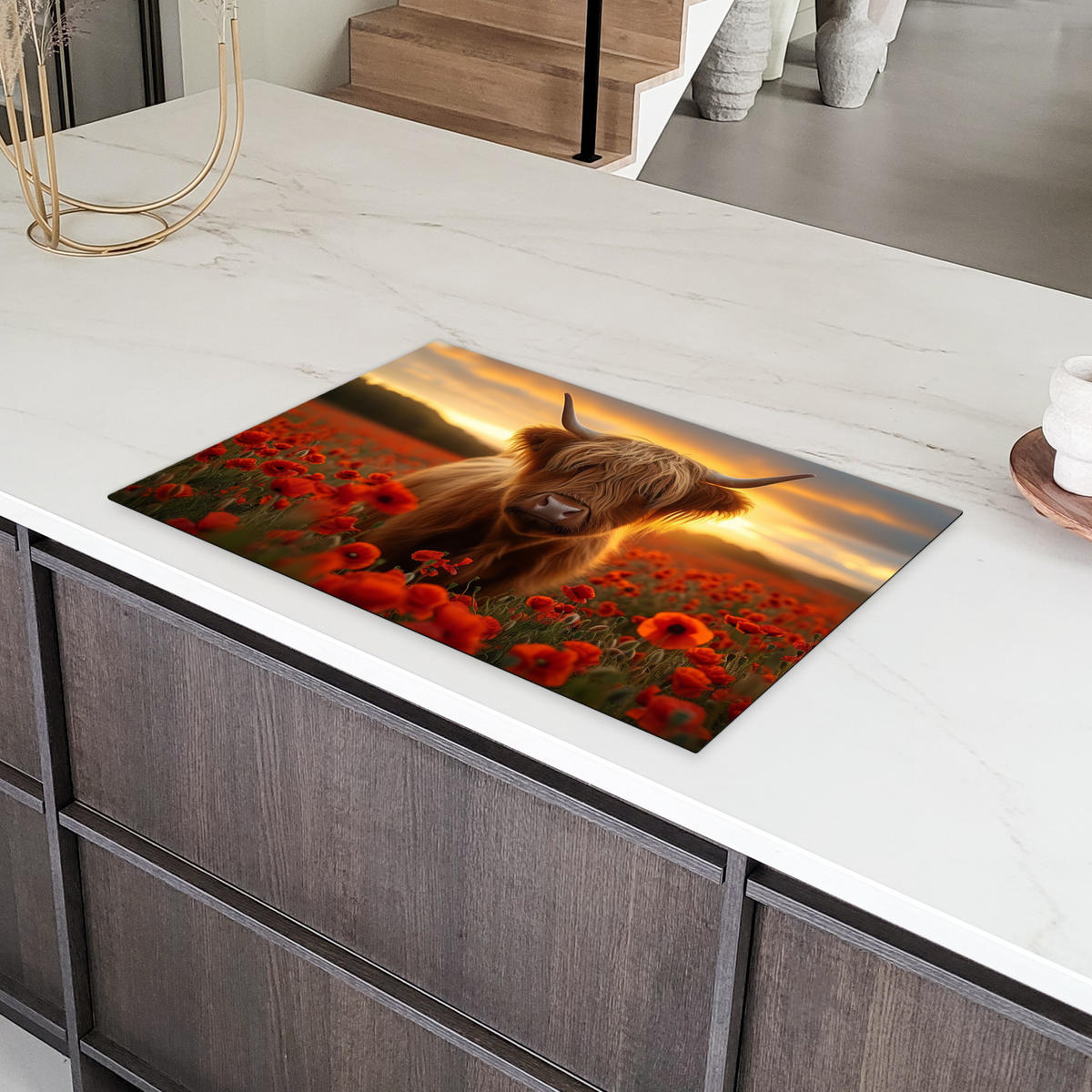 HERDABDECKPLATTE Schottische Highlander - Rosen - Blumenfeld - Sonnenuntergang Induktionsmatte 81x52 cm - Rotbraun, Kunststoff (81/52/0.2cm) - MuchoWow