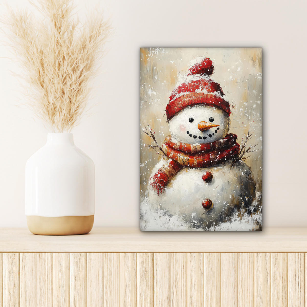 LEINWANDBILD Schneemann - Winter - Schnee - Beige 20x30 cm - Weiß, Textil (20/30cm) - MuchoWow