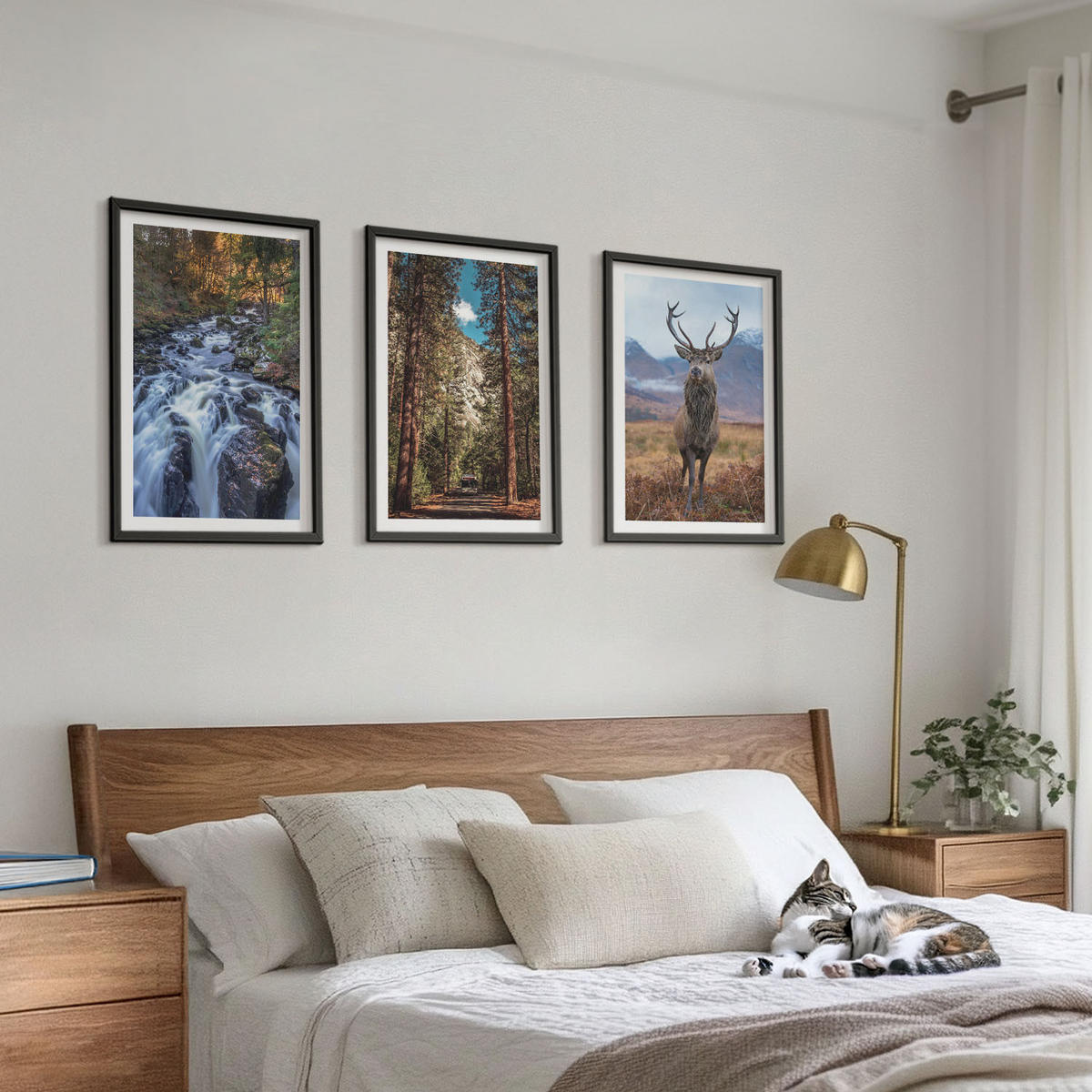 WANDBILDER 3er-Set - 40x60 cm Schwarzer Rahmen - Wasserfall Wald Berge Hirsch Natur - Schwarz, Kunststoff (40/60cm) - ArtPrintCave