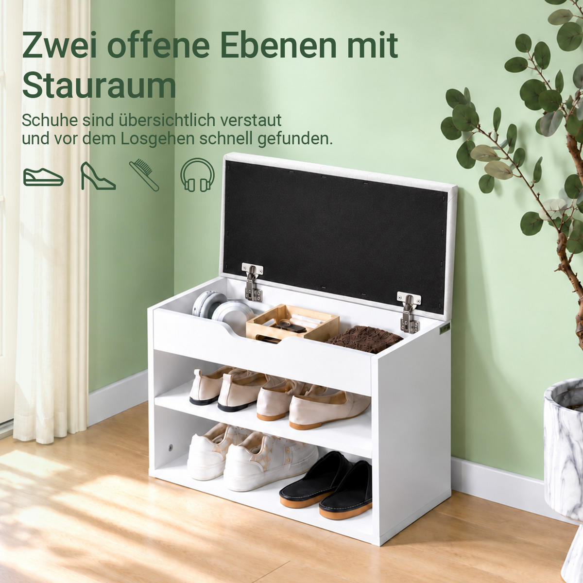 SCHUHBANK weiß, 60 cm breit, PU-Sitzpolster, 2 offene Böden für 6 Paar, bis 120 kg, Staufach unter der Sitzfläche - Weiß, Holzwerkstoff (60/44/30cm) - SoBuy