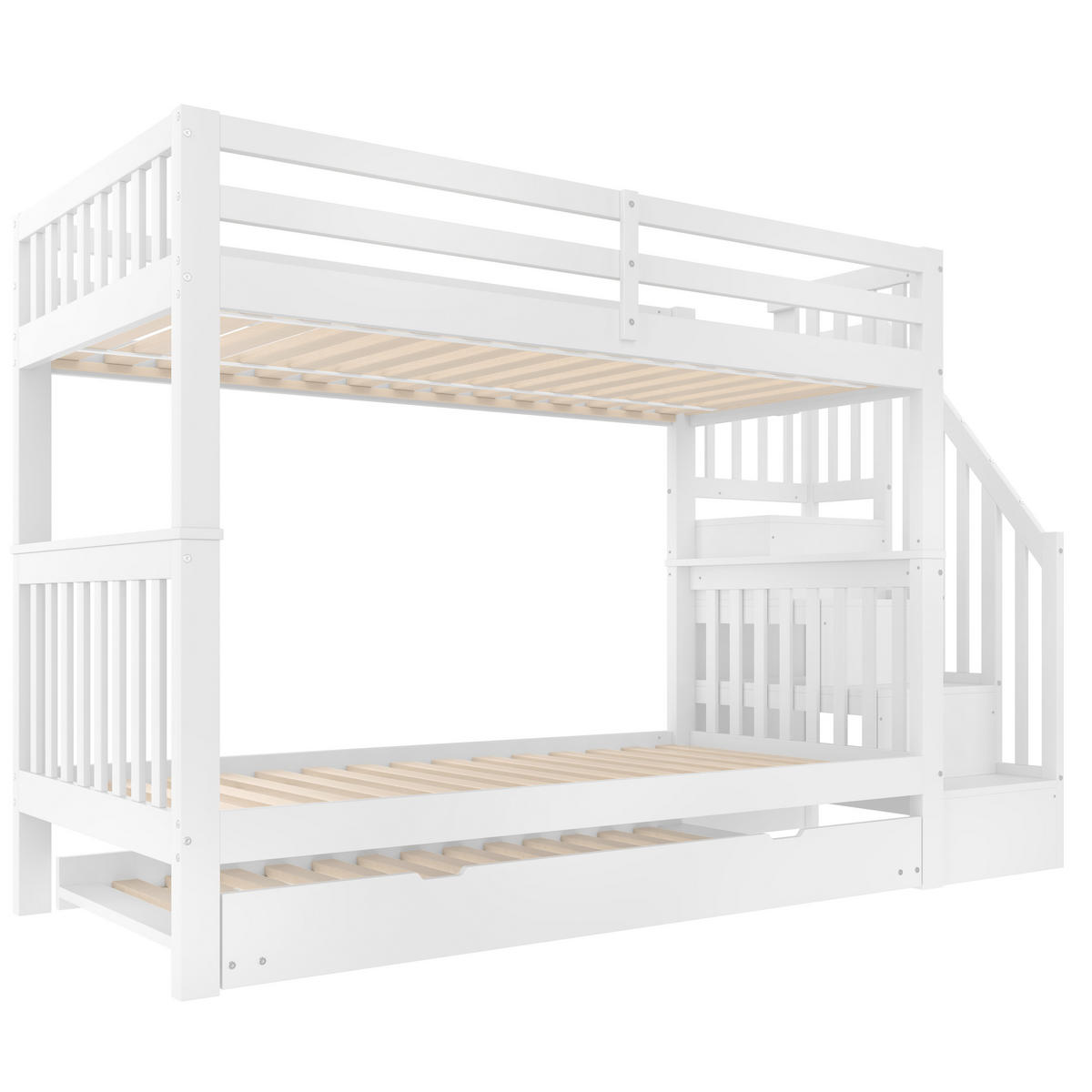 ETAGENBETT 90x200cm Weiß mit Ausziehbett EN747-1 Treppenregal - Weiß, Holz (90/200cm) - FLIEKS