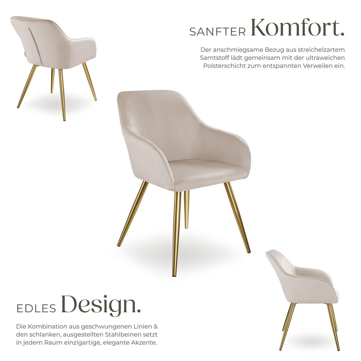 ESSZIMMERSTUHL Marilyn,58 x 62 x 82 cm,taupe/gold - Taupe/Goldfarben, Textil (58/82/62cm) - tectake