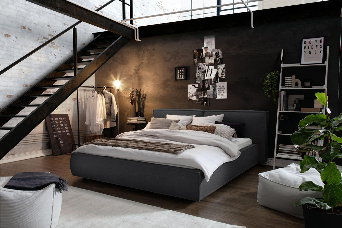 POLSTERBETT CARLO Granit Massivholz - Dunkelgrau/Grau, Textil (160/200cm) - KAWOLA