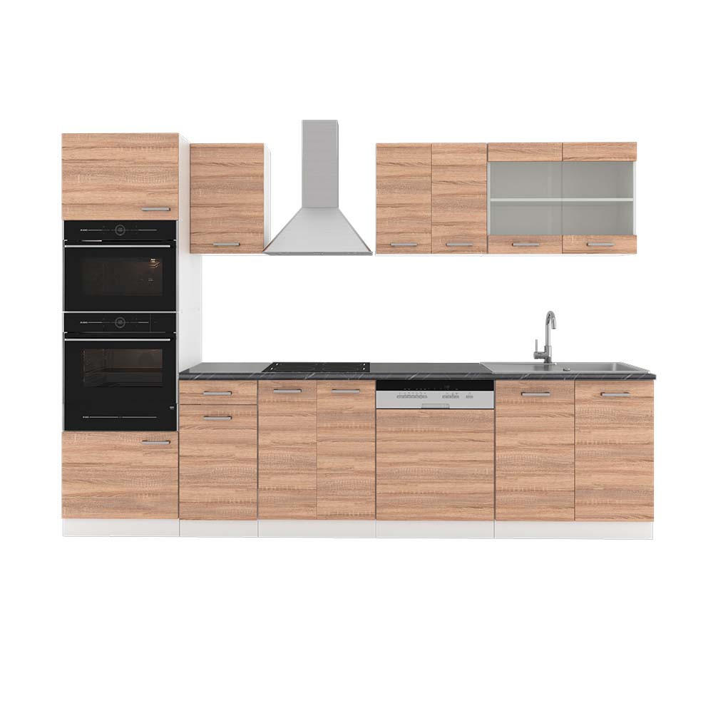 KÜCHENZEILE R-Line Sonoma/Weiß 300 cm mit Hochschrank, AP Anthrazit - Weiß/Sonoma Eiche, Holzwerkstoff (300/81.6/60cm) - Vicco