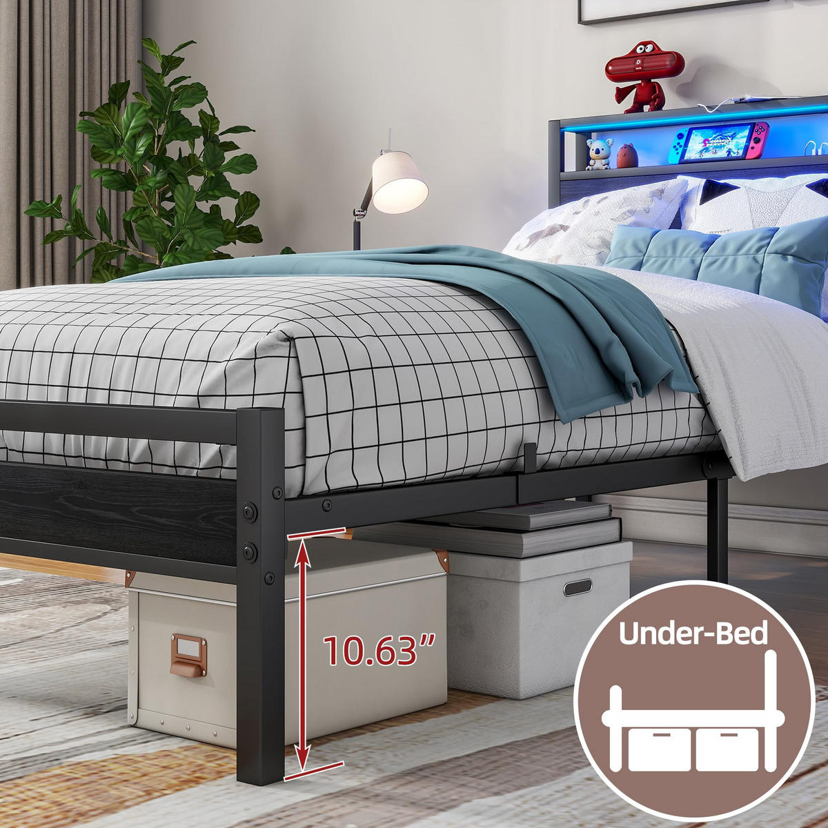 BETT 90/200 cm DE-33031 mit USB und LED-Beleuchtung Schwarz - Schwarz, Metall (90/200cm) - ComfortXL