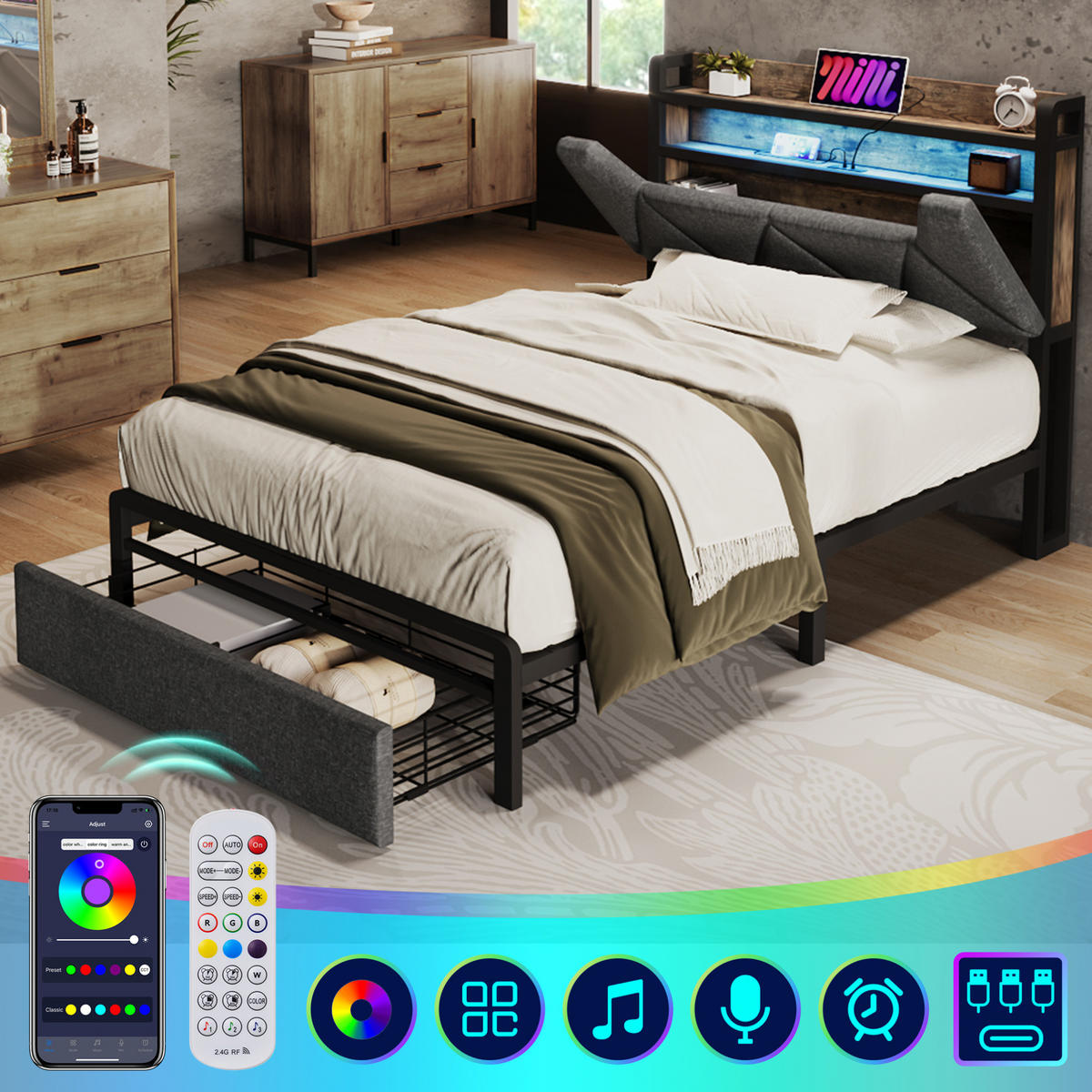 POLSTERBETT 90/200 cm mit LED-Beleuchtung, USB-C-Ladestation, Stauraum-Kopfteil und Schublade, Grau - Grau, Textil (90/200cm) - Redom