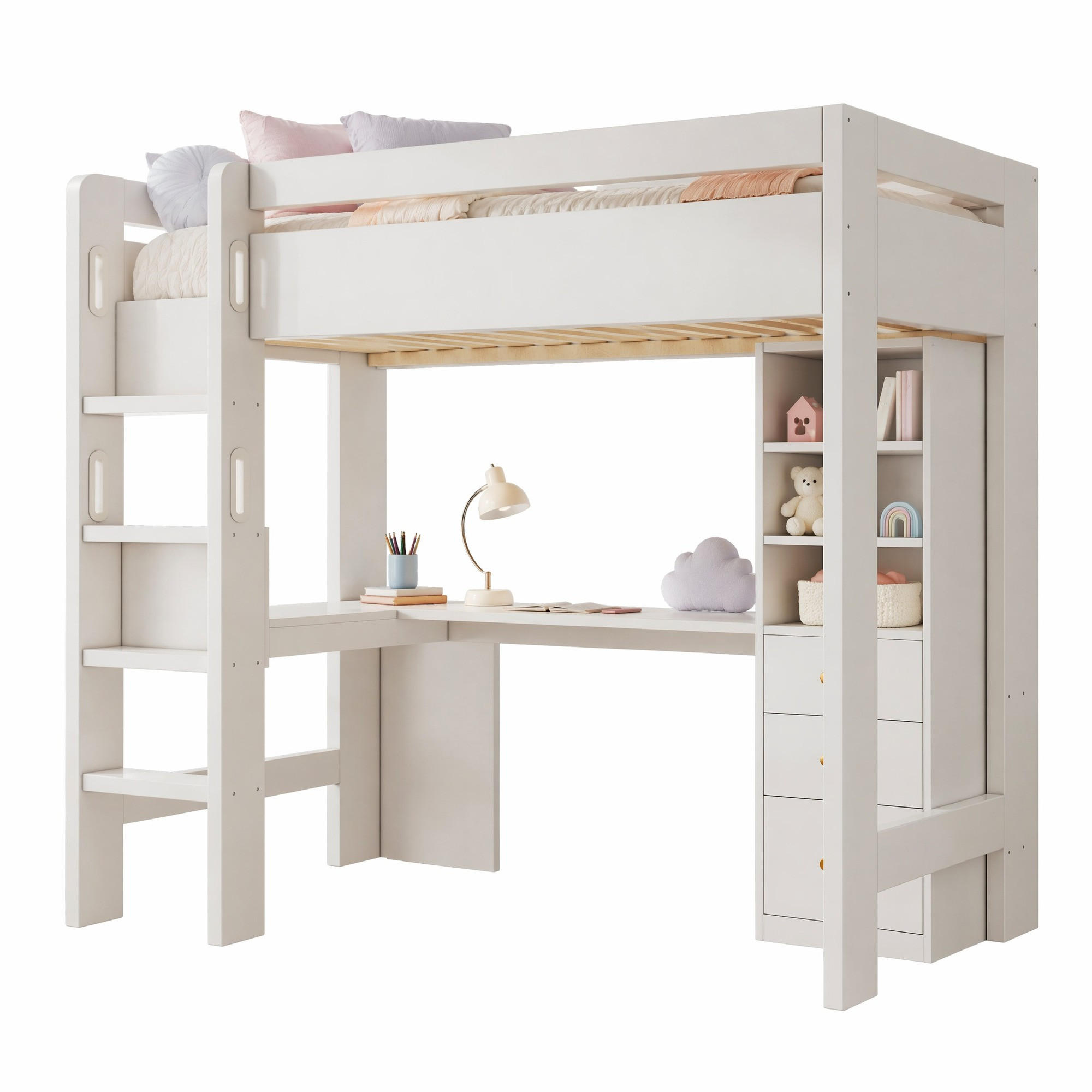 HOCHBETT 90/200 cm in Weiß mit Schreibtisch, 3 Schubladen, Regal und USB/Type-C - Weiß, Holz/Holzwerkstoff (90/200cm) - CHICFURN