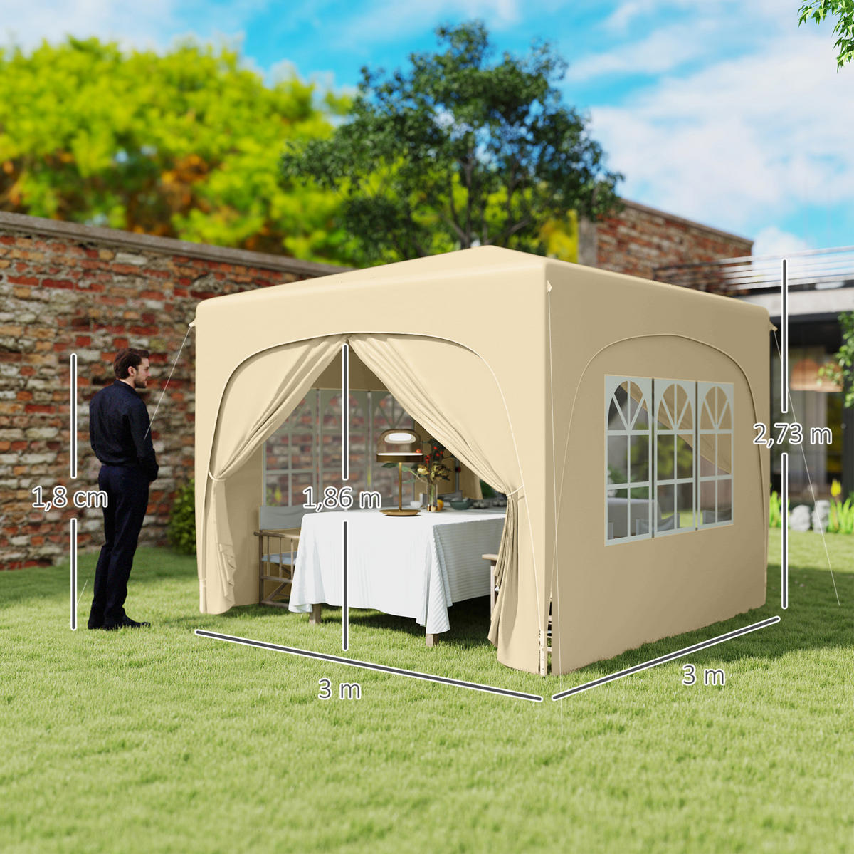FALTPAVILLON 300/300/273 cm mit 4 Seitenteilen, UV-Schutz und höhenverstellbarem Gestell, Sand - Beige, Textil (300/273/300cm) - Redom