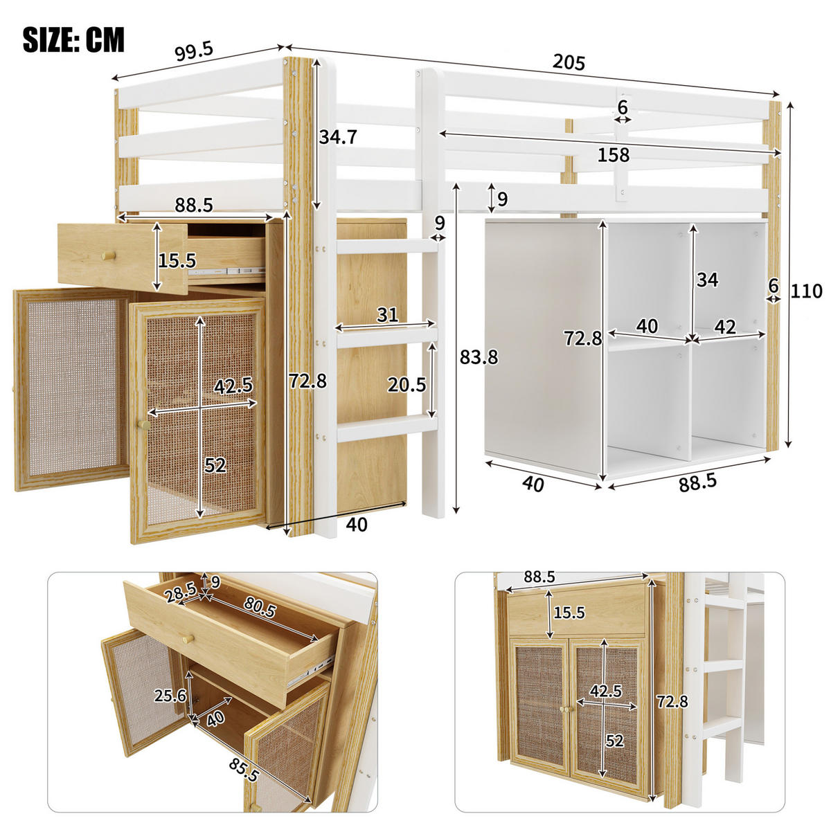 KINDERHOCHBETT mit 2 Aufbewahrungsschränken, 90/200 cm, Natur/Weiß, ohne Matratze - Weiß, Holz (90/200cm) - MIVRAY