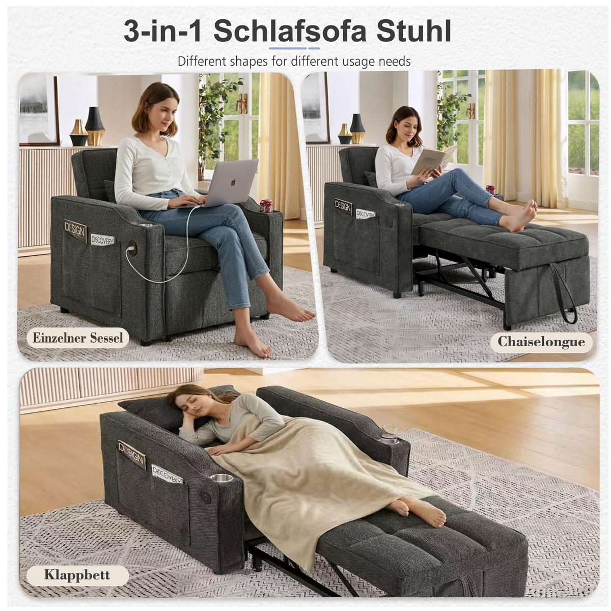 RELAXSESSEL 190/85/86 cm Dunkelgrau mit USB-/Typ-C-Anschluss und Seitentasche - Dunkelgrau, Textil (190/86/85cm) - Oxeza