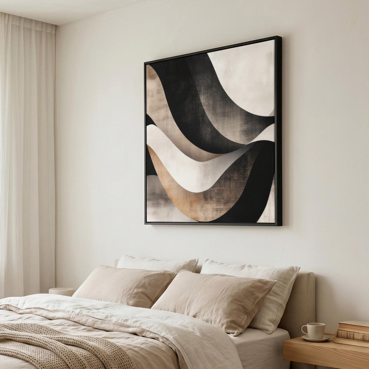 LEINWAND Bilder mit Rahmen - Abstrakt - Wellen - Schwarz - Verwittert - 90x90 - Trüffeleichefarben, Textil (90/90cm) - MuchoWow