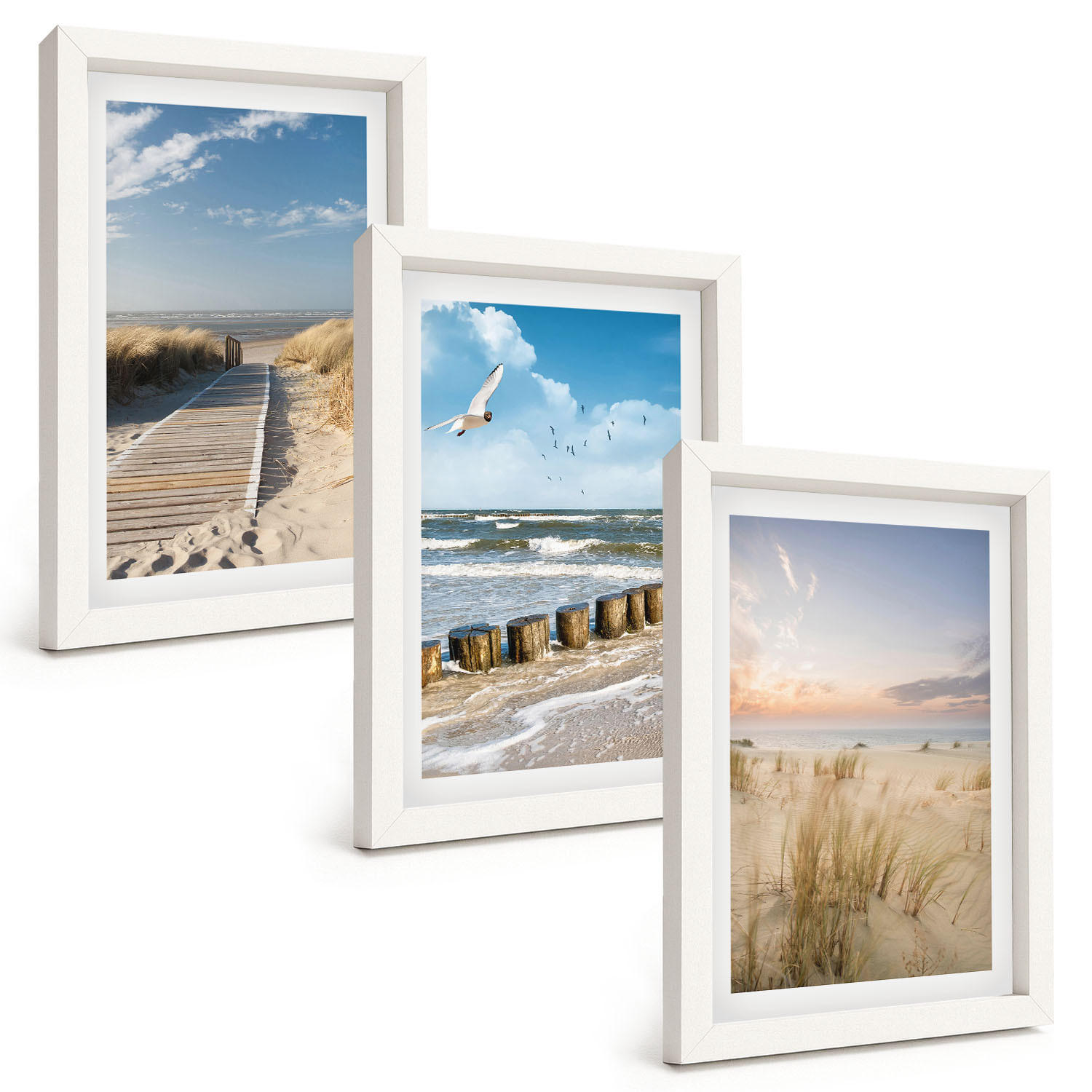 BILDER SET 3er Set - 20x30 cm Weißer Rahmen - Strand, Sand, Wellen, Himmel, Vögel - Weiß, Kunststoff (20/30cm) - TULUP