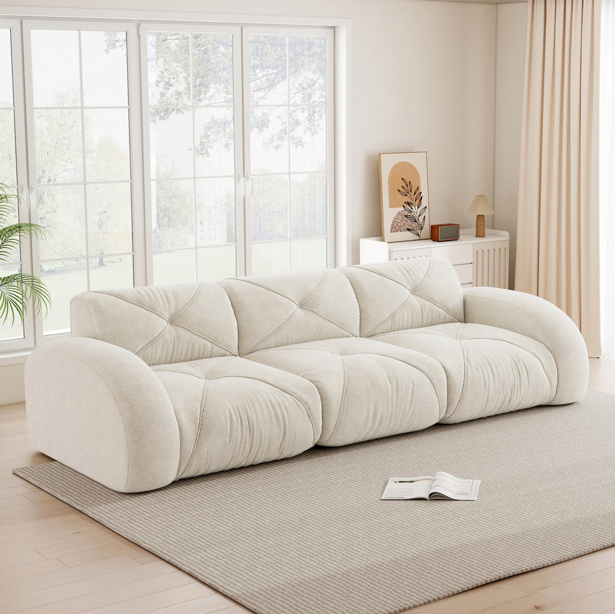 SOFA in Hellbeige aus Chenille mit rahmenlosem Design und hoher Belastbarkeit - Beige, Textil (95/76/281cm) - Flora Grace